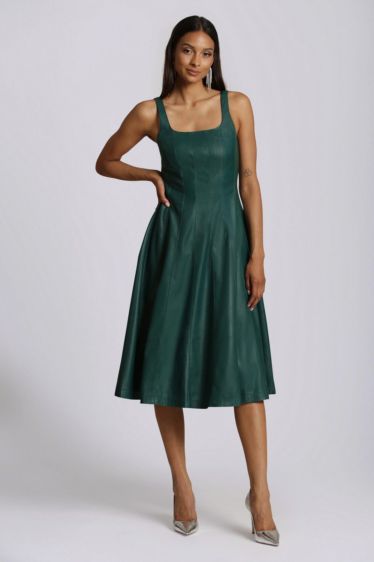 faux ever leather fit and flare midi dress pine green - figure flattering designer fashion wedding guest dresses for women