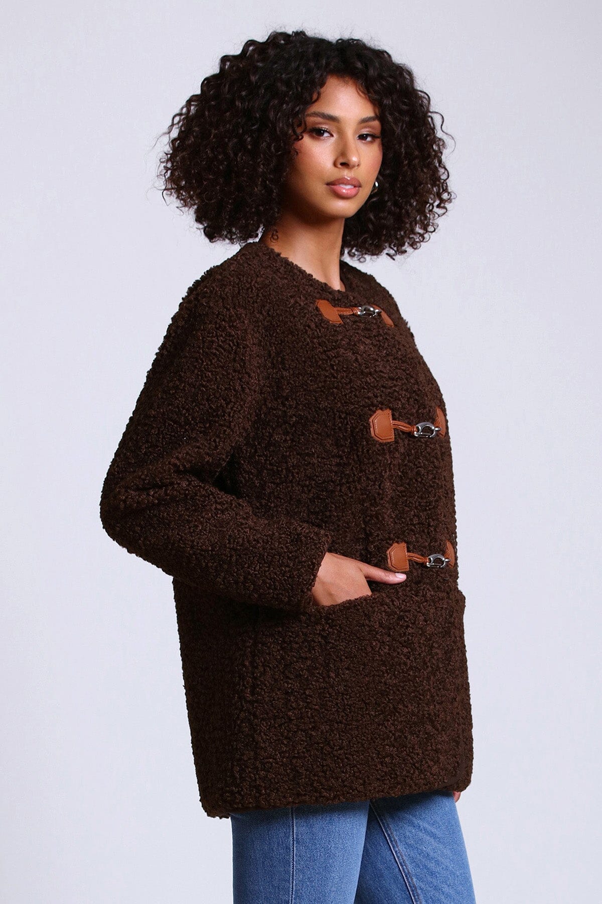 Chocolate brown faux shearling toggle jacket coat - figure flattering cozy fall coats jackets outerwear for women