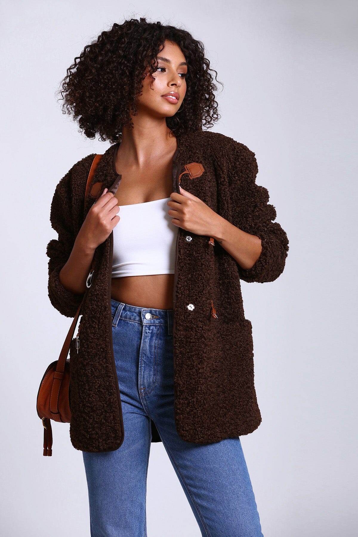 Chocolate brown faux shearling toggle jacket coat - figure flattering day to night outerwear for women