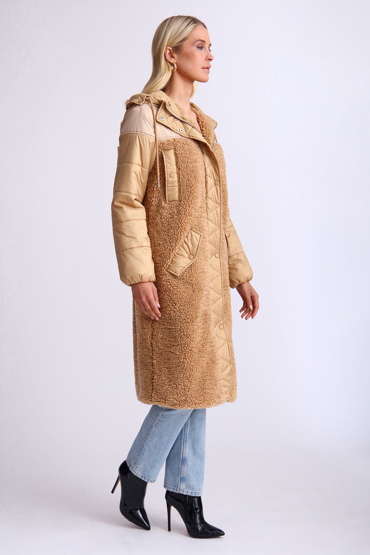 Camel tan mixed media faux shearling fur anorak long coat jacket - women's figure flattering Fall 2023 fashion coats jackets outerwear