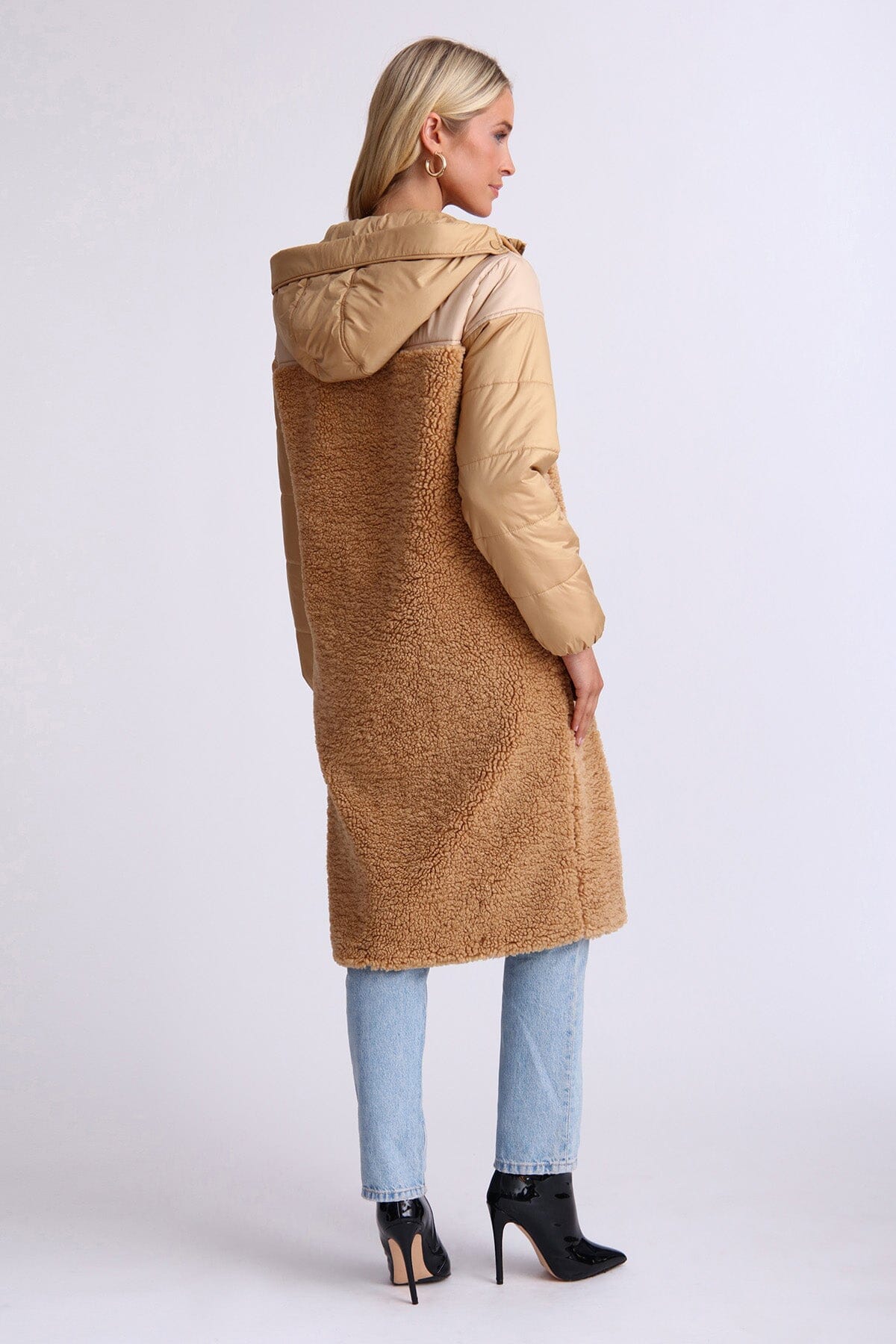 Camel tan mixed media faux shearling fur anorak long coat jacket - figure flattering fashion coats jackets for ladies by Avec Les Filles