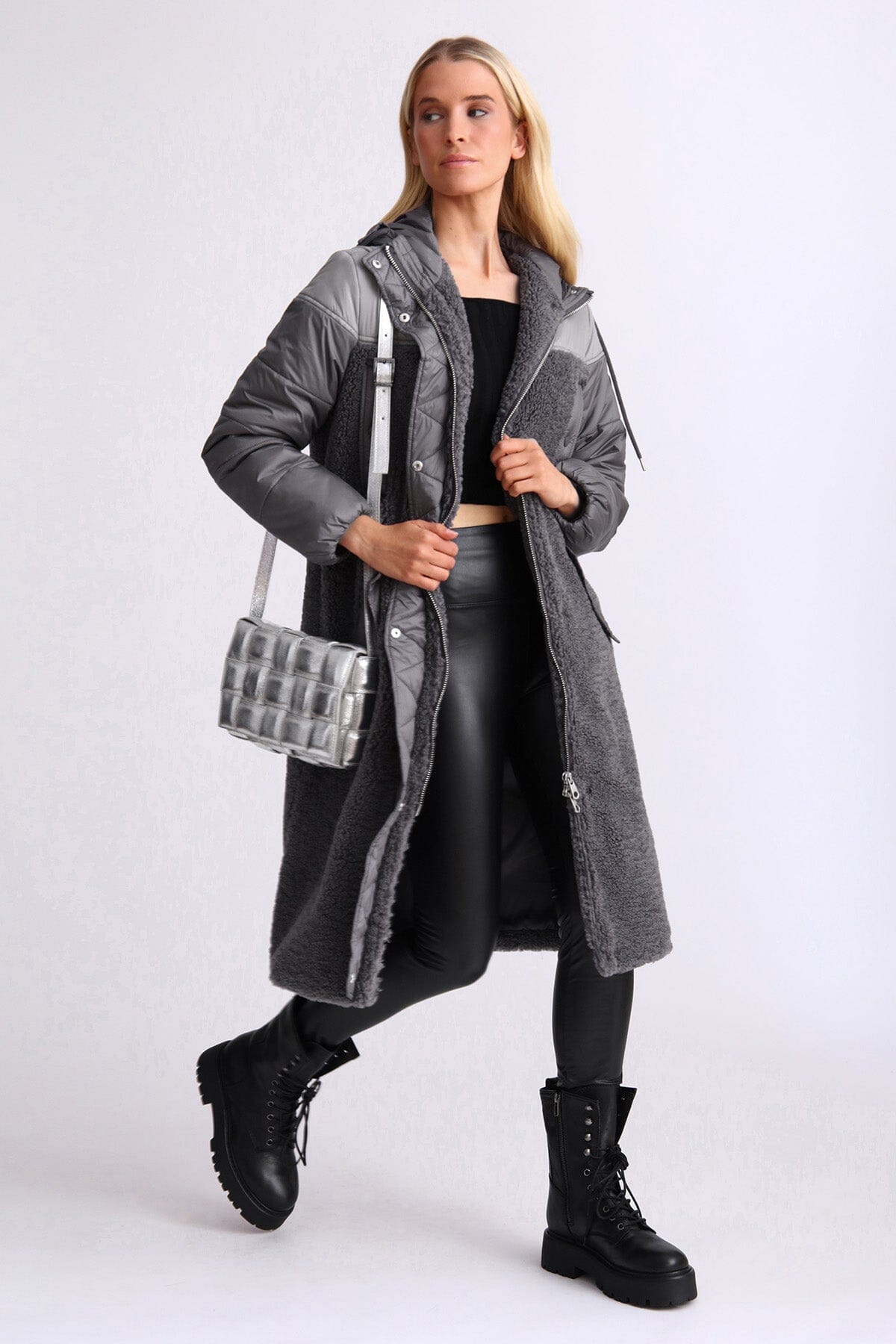 Charcoal grey mixed media faux shearling fur anorak long coat jacket - women's figure flattering fall winter coats jackets by Avec Les Filles