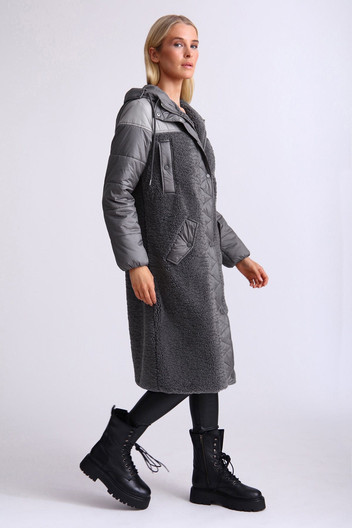 Charcoal grey mixed media faux shearling fur anorak long coat jacket - women's figure flattering street style outerwear for Fall 2023 fashion trends by Avec Les Filles