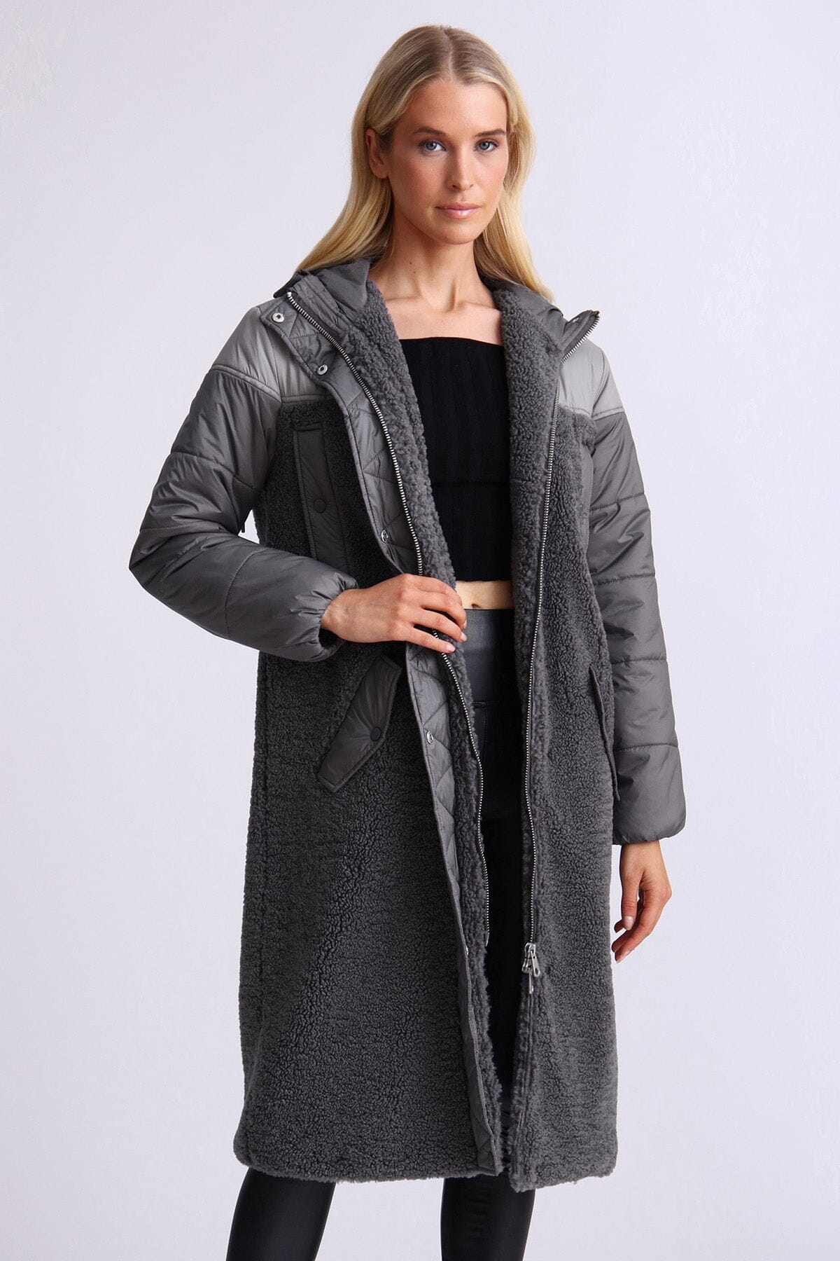 Charcoal grey mixed media faux shearling fur anorak long coat jacket - women's figure flattering day to night casual outerwear for Fall 2023 fashion