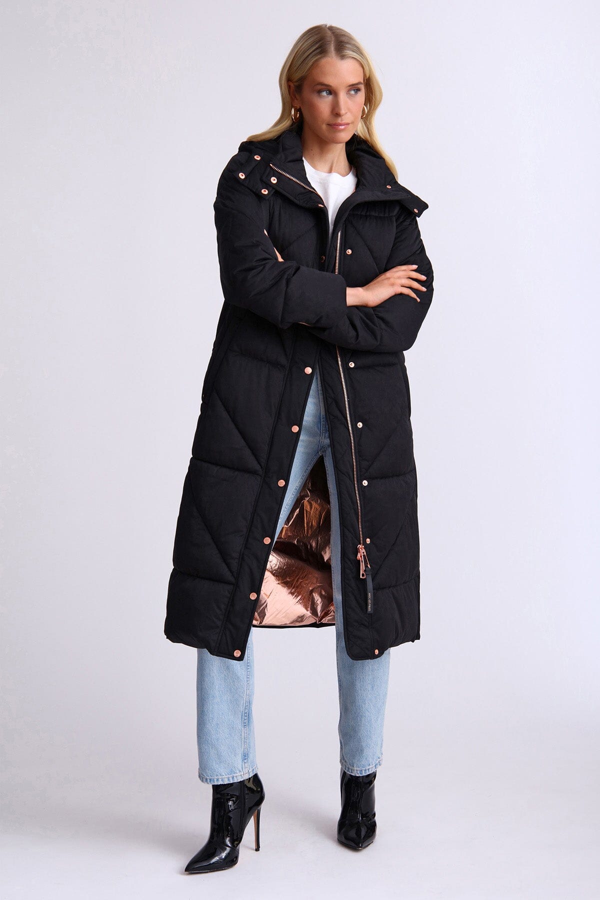 Black thermal puff longline cloud duvet puffer coat jacket - figure flattering day to night coats jackets for women