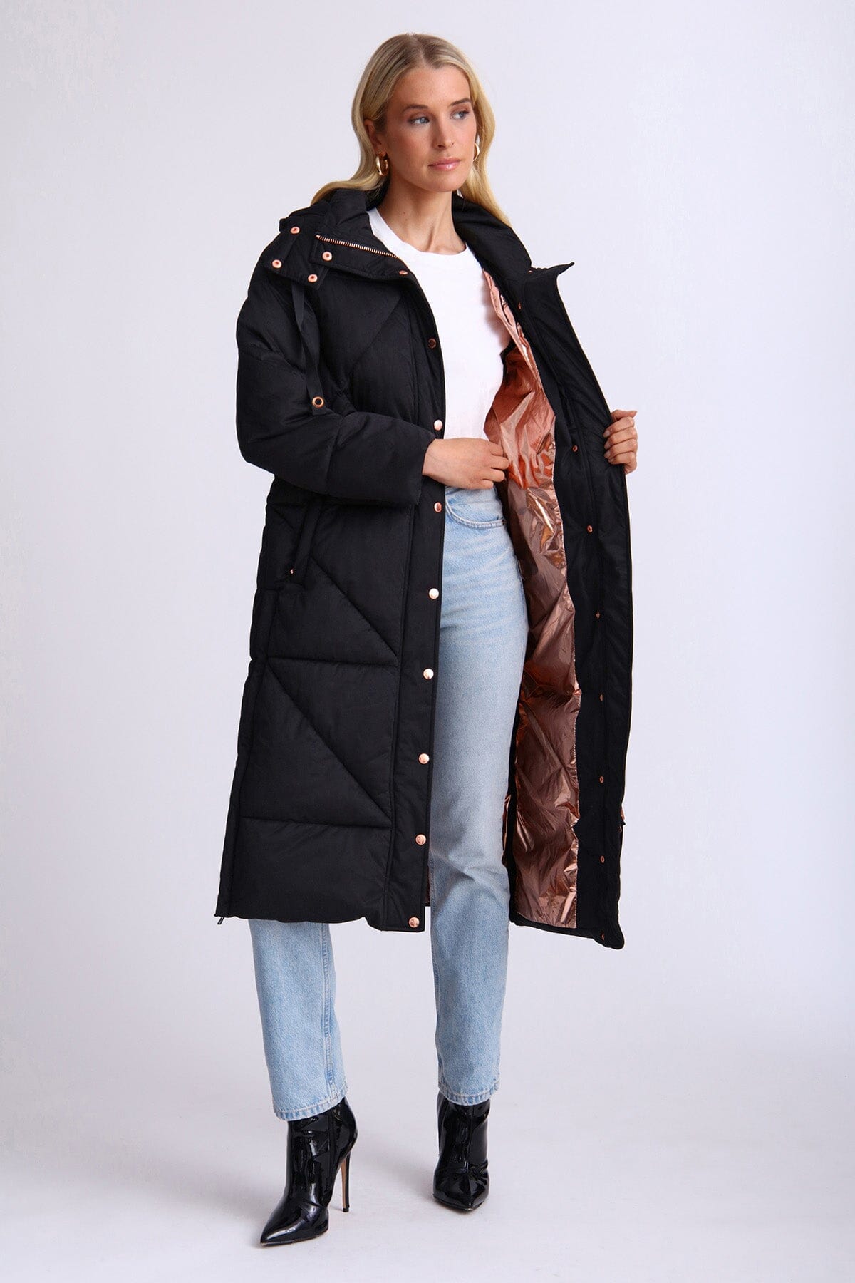 Black thermal puff longline cloud duvet puffer coat jacket - women's figure flattering casual long coats jackets for Fall 2023