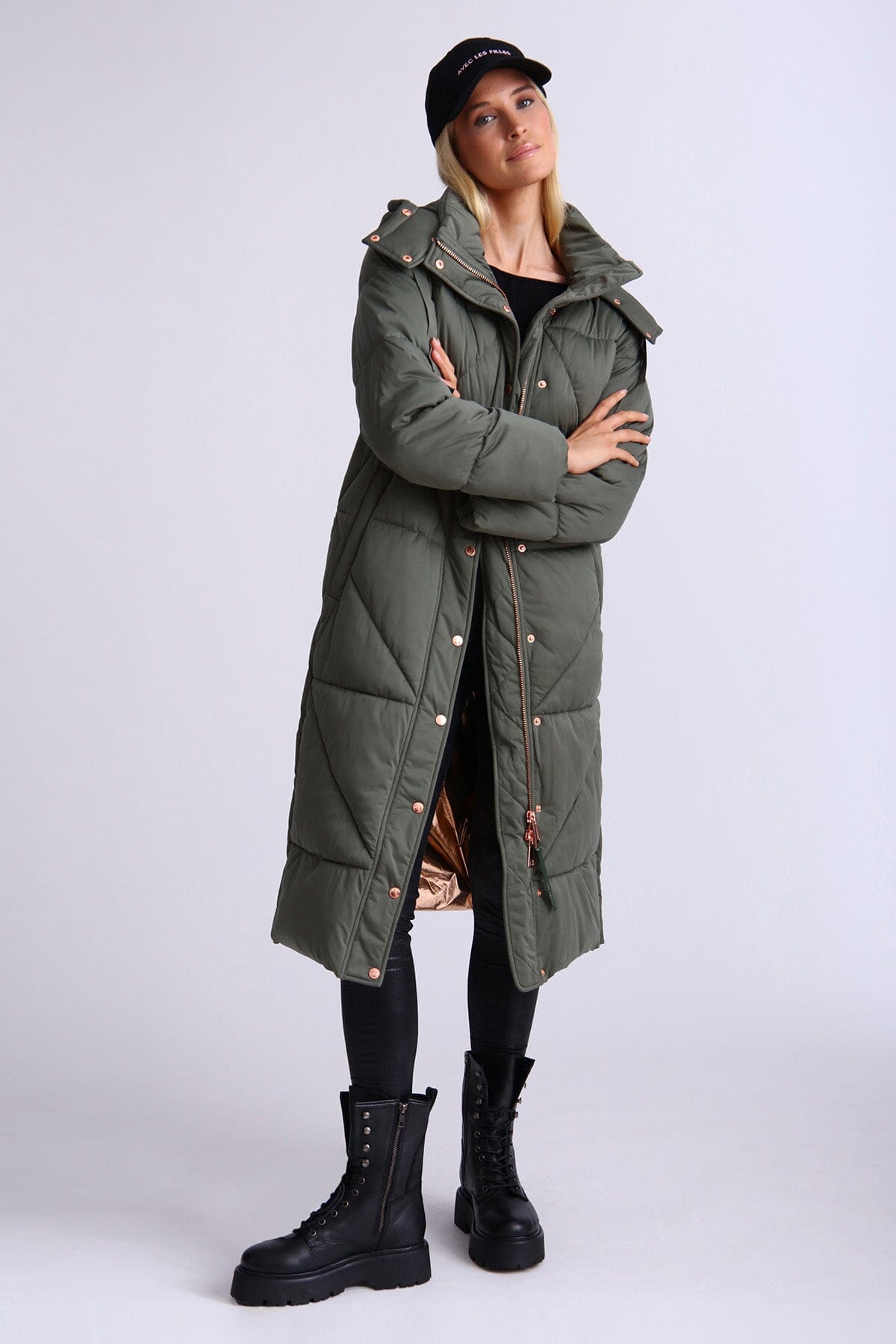 Olive green thermal puff longline cloud duvet puffer coat jacket - figure flattering day to night outerwear for ladies