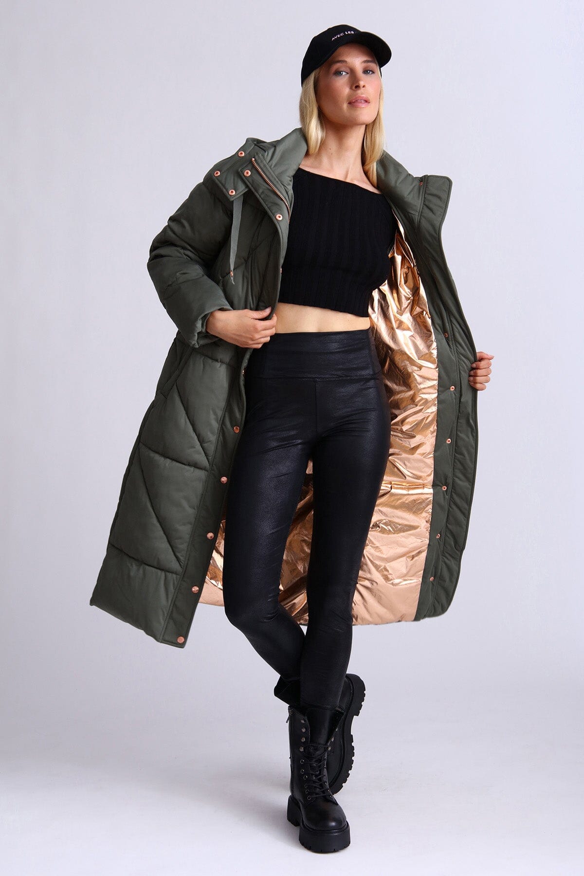 Olive green thermal puff longline cloud duvet puffer coat jacket by Avec Les Filles for women