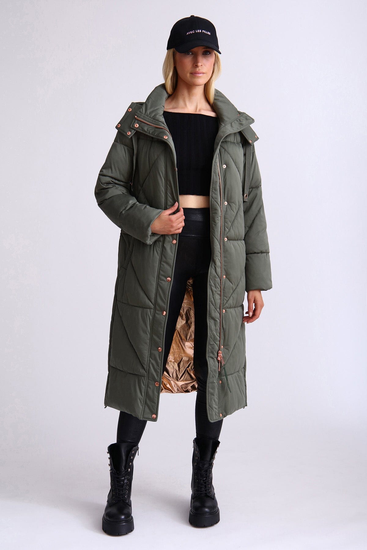 Olive green thermal puff longline cloud duvet puffer coat jacket - women's figure flattering street style puffers coats for Fall 2023 fashion trends