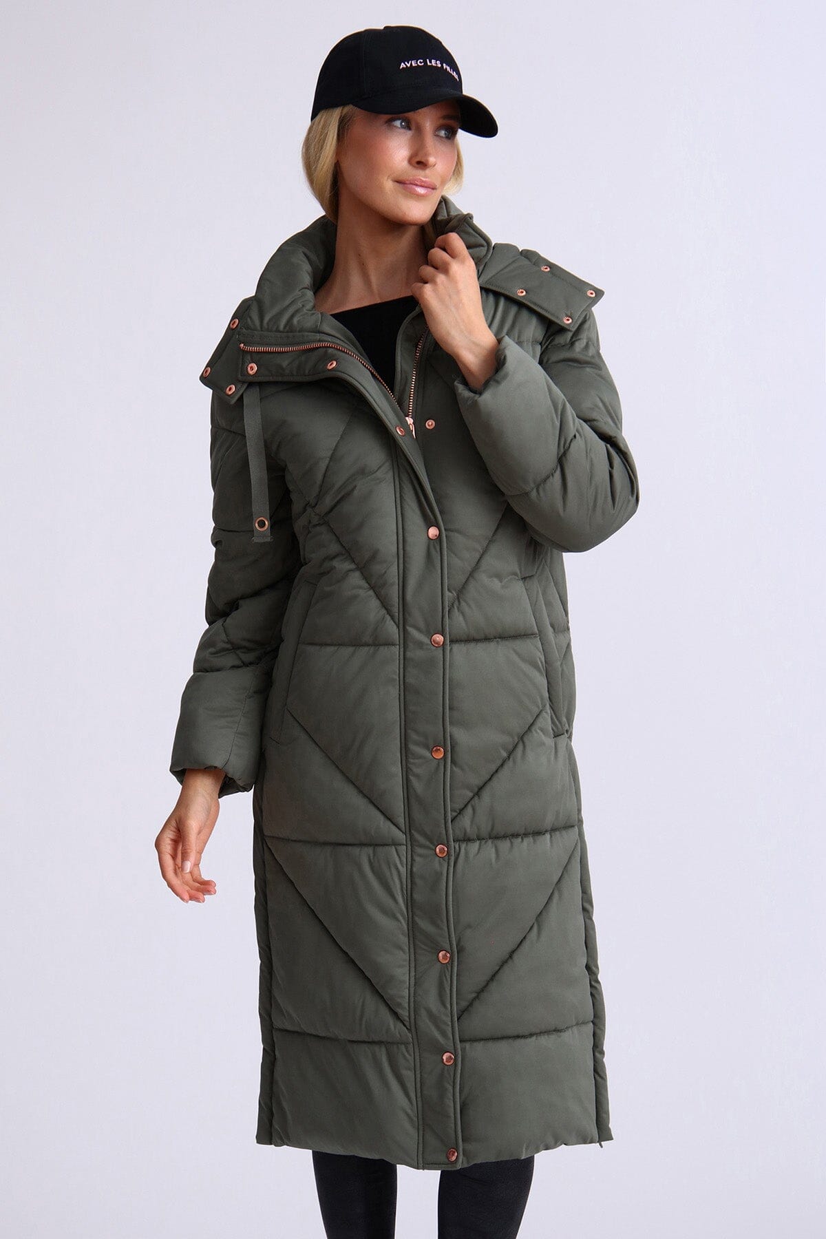 Olive green thermal puff longline cloud duvet puffer coat jacket - figure flattering streetwear style long coats jackets for women