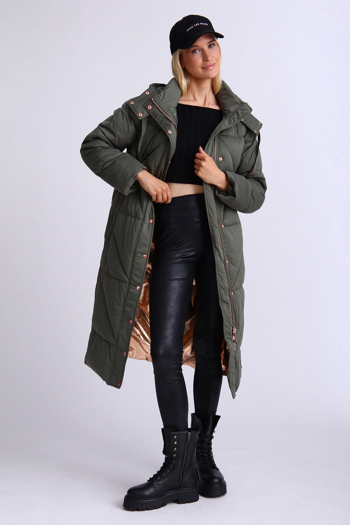 Olive green thermal puff longline cloud duvet puffer coat jacket women's Fall 2023 outerwear fashion trends
