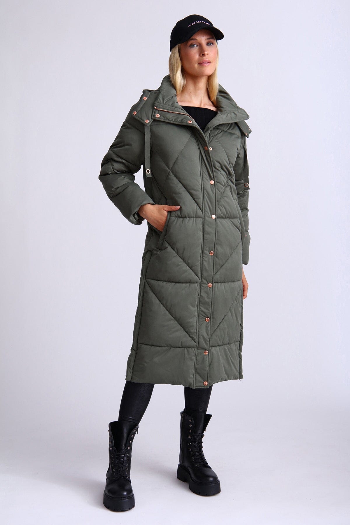 Olive green thermal puff longline cloud duvet puffer coat jacket - figure flattering fashion coats jackets puffers for ladies