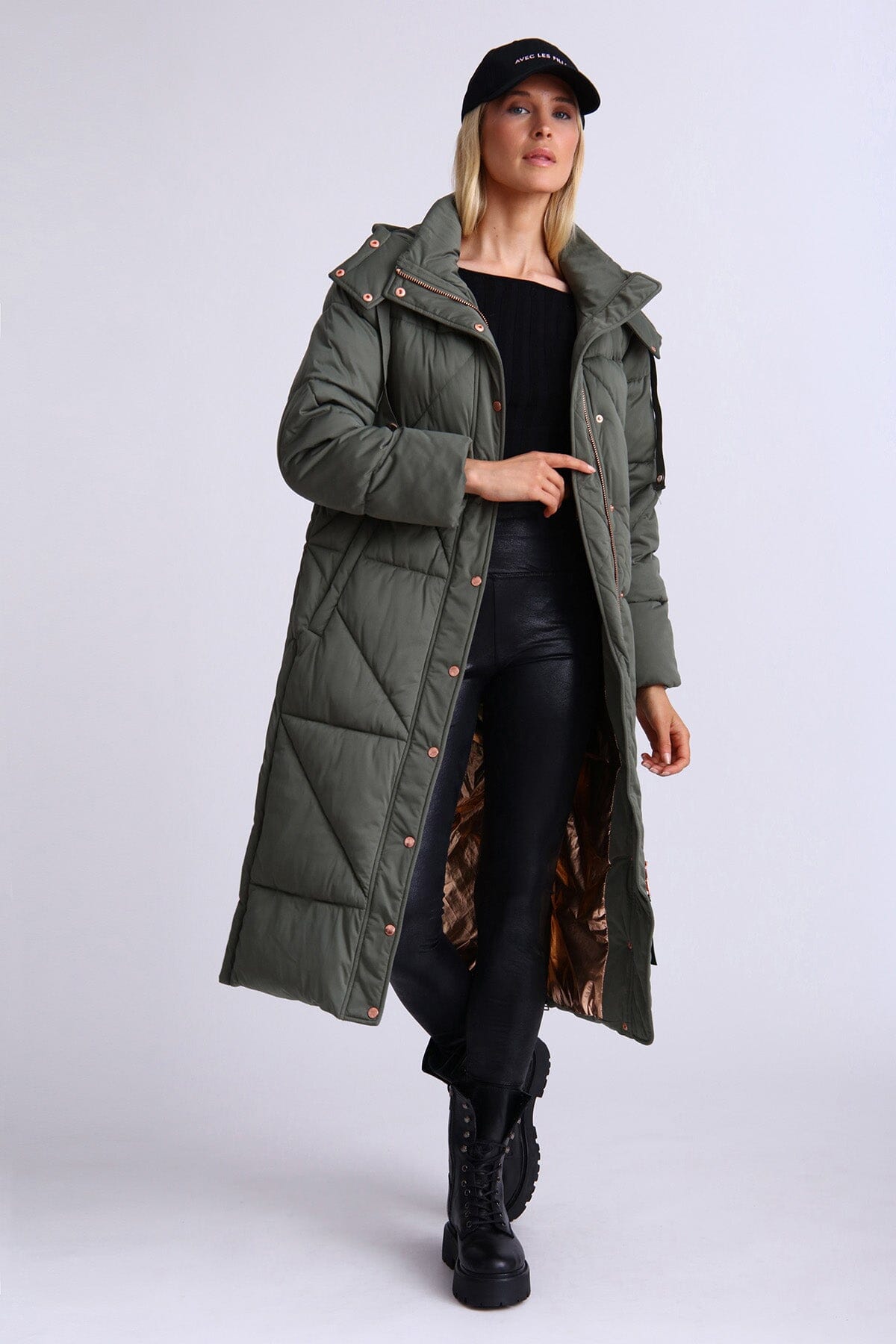 Olive green thermal puff longline cloud duvet puffer coat jacket - women's figure flattering long puffers outerwear for Fall 2023 fashion