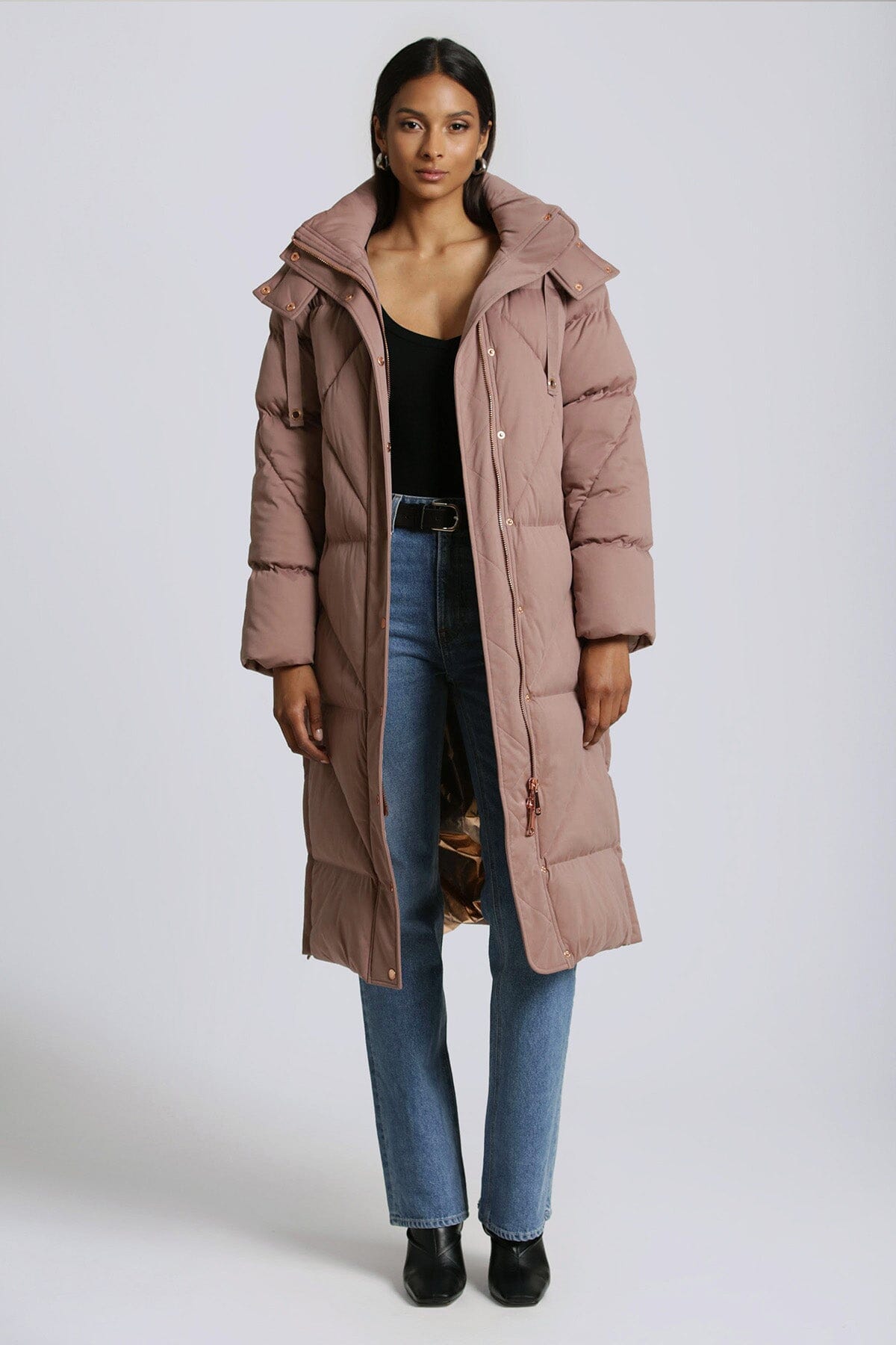 Umber brown thermal puff longline cloud duvet puffer coat jacket - women's figure flattering casual day to night puffers for Fall 2023