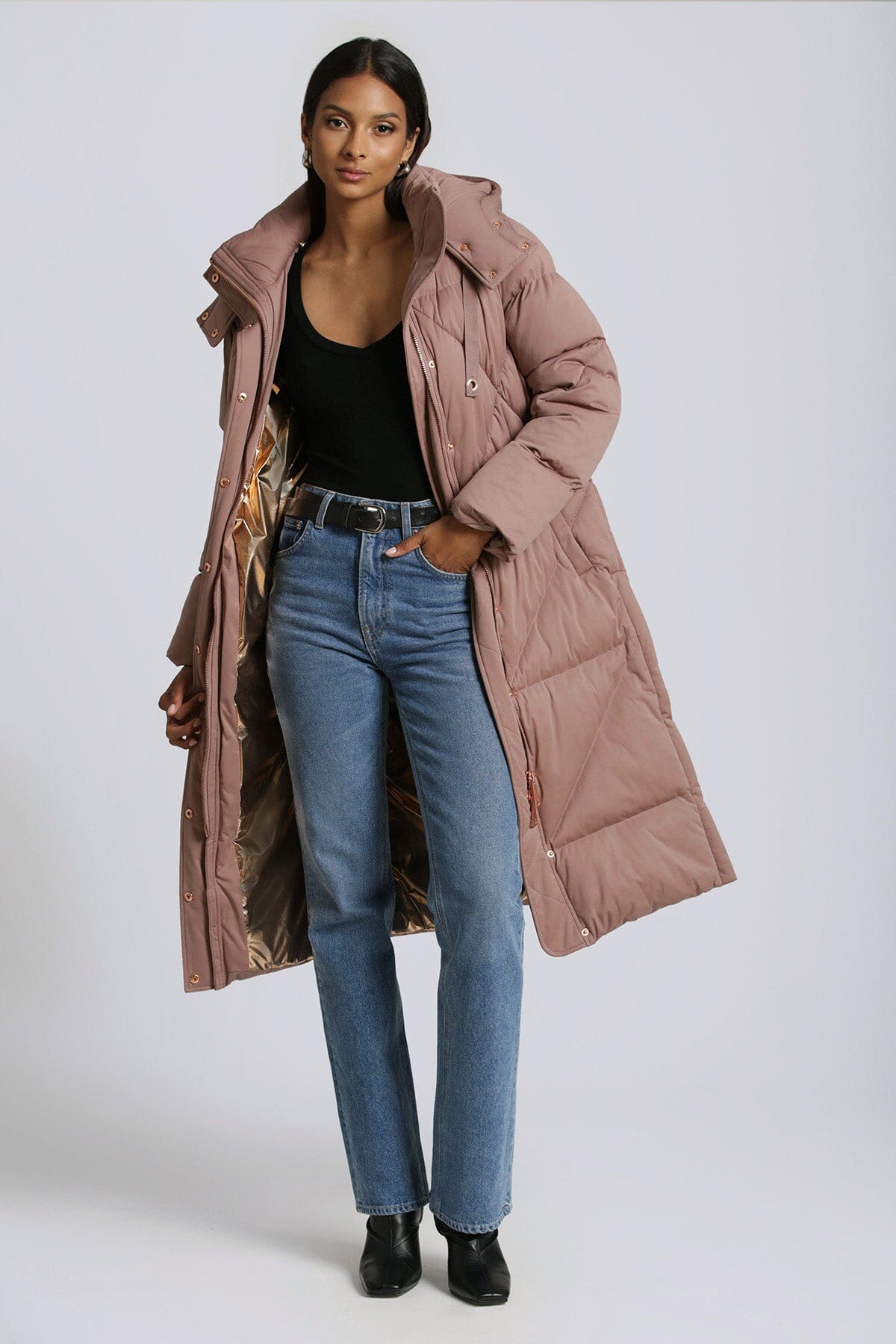 Umber brown thermal puff longline cloud duvet puffer coat jacket - figure flattering warm Fall 2023 outerwear for women