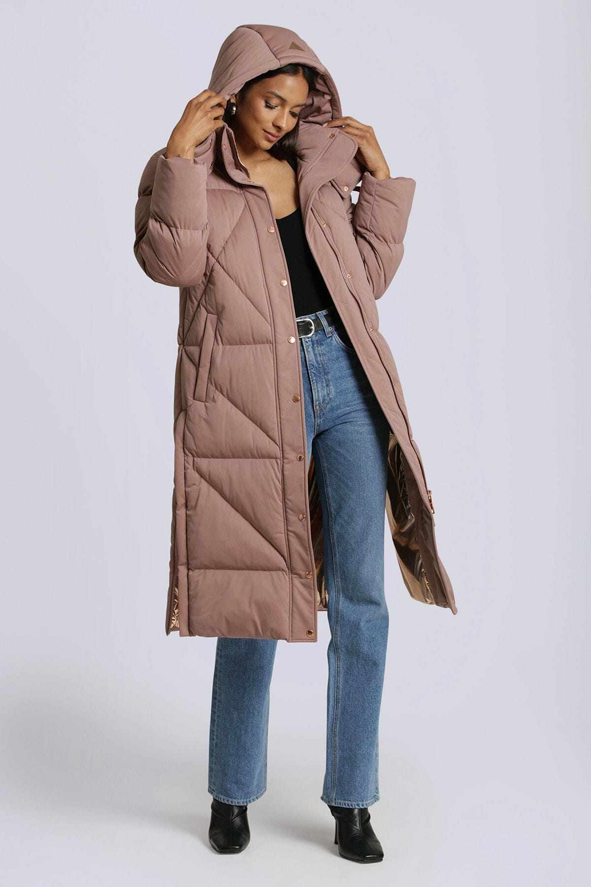 Umber brown thermal puff longline cloud duvet puffer coat jacket - women's flattering long puffers outerwear for Fall 2023 trends