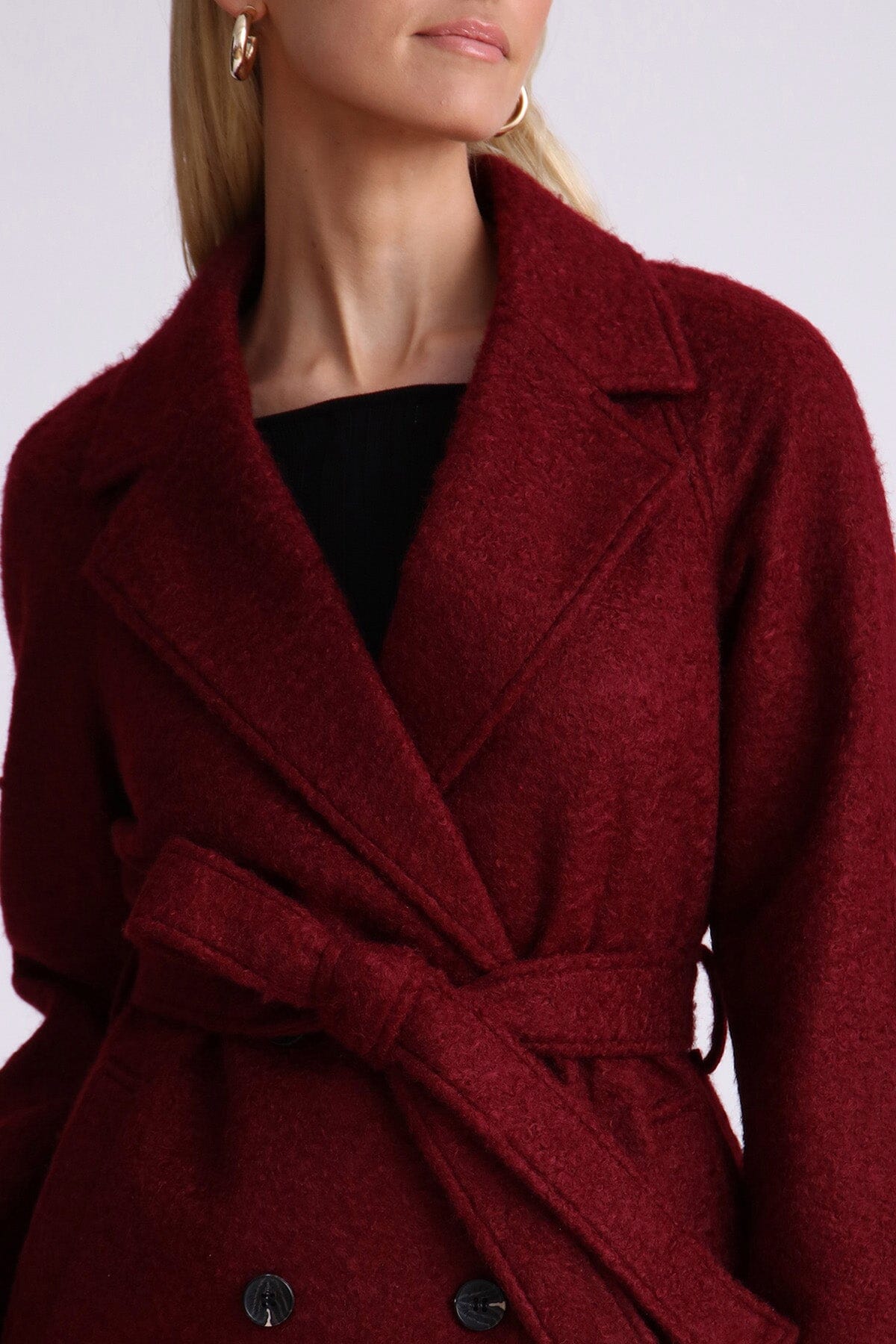 Dark red textured belted walker coat jacket - women's figure flattering coats jackets outerwear for fall fashion trends