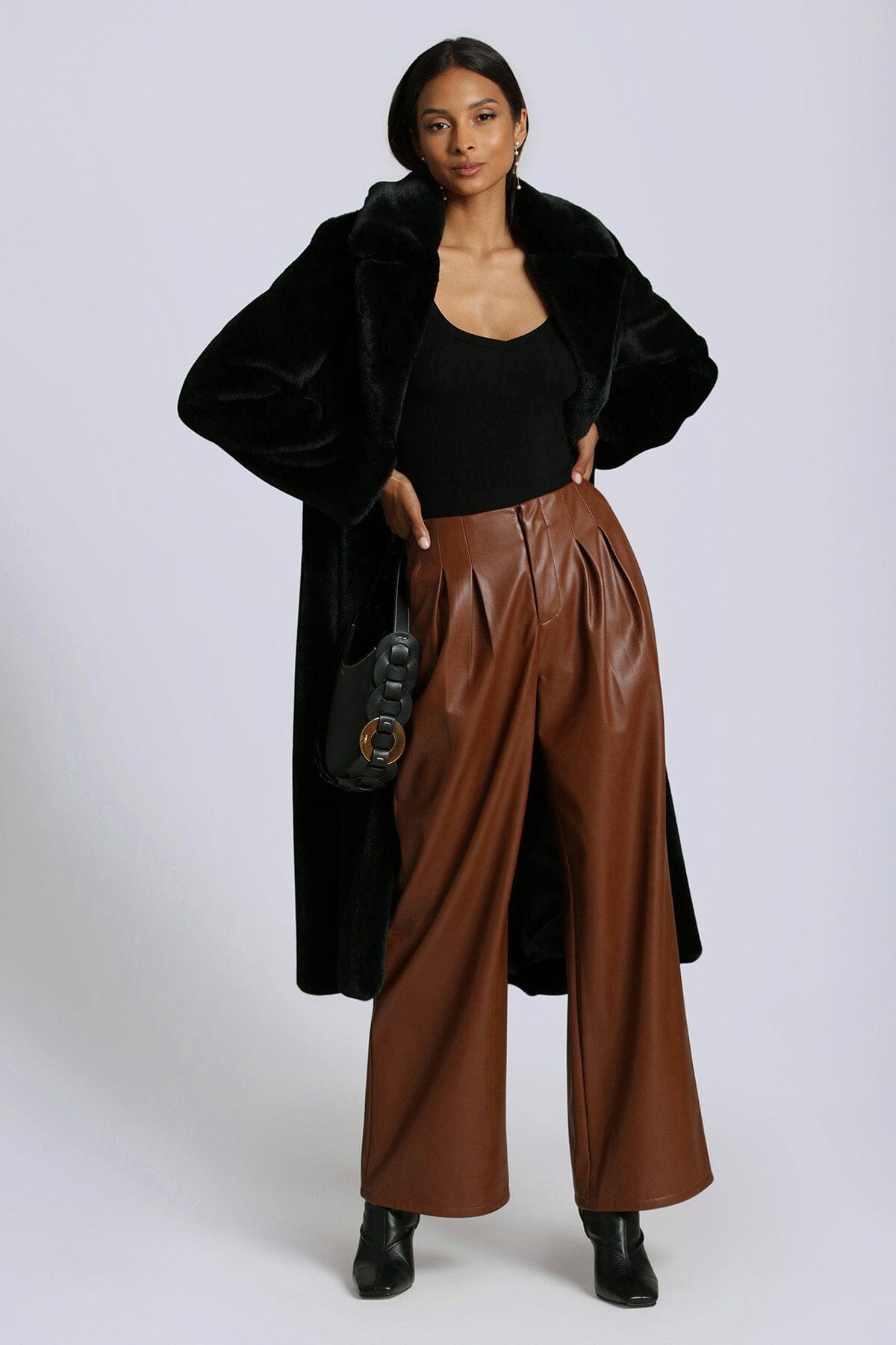 Black luxurious long faux fur maxi coat jacket - women's figure flattering date night outerwear coats by Avec Les Filles