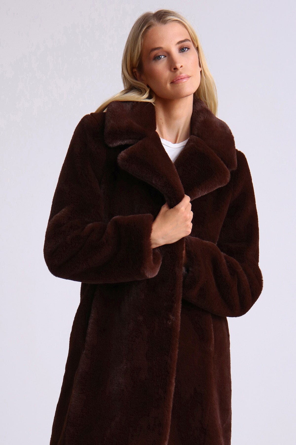 Chocolate brown luxurious long faux fur maxi coat jacket - figure flattering Fall outerwear for ladies by Avec Les Filles