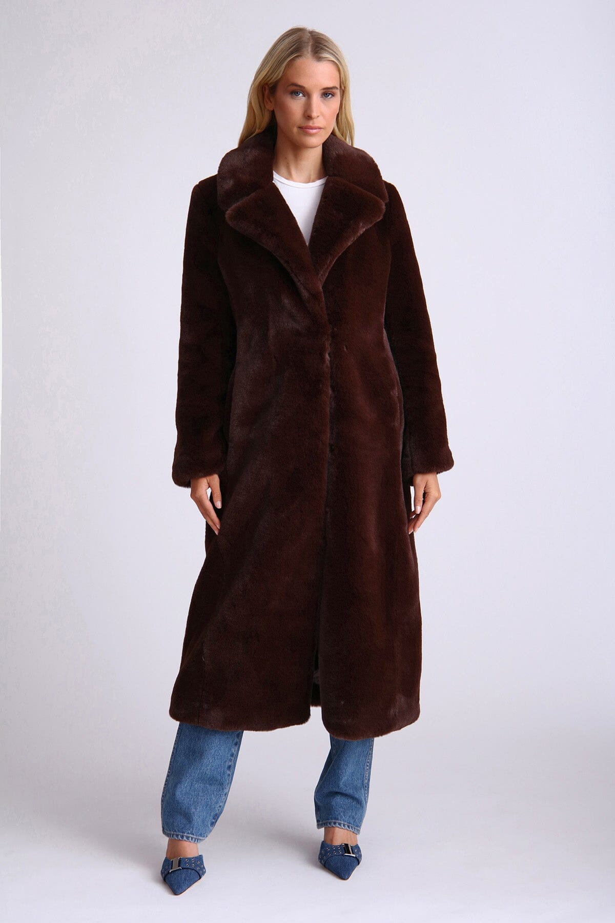 Brown long faux fur maxi coat - women's figure flattering day to night coats jackets for Fall Winter fashion by Avec Les Filles