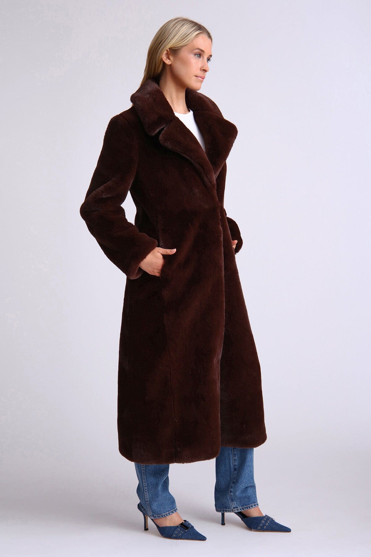 Brown long faux fur maxi coat - figure flattering quiet luxury coats outerwear for ladies