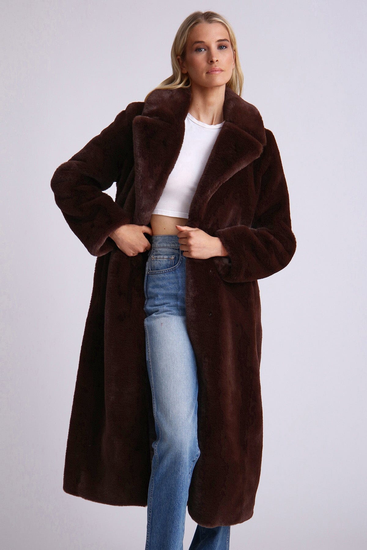 Chocolate brown luxurious long faux fur maxi coat jacket outerwear for women by Avec Les Filles