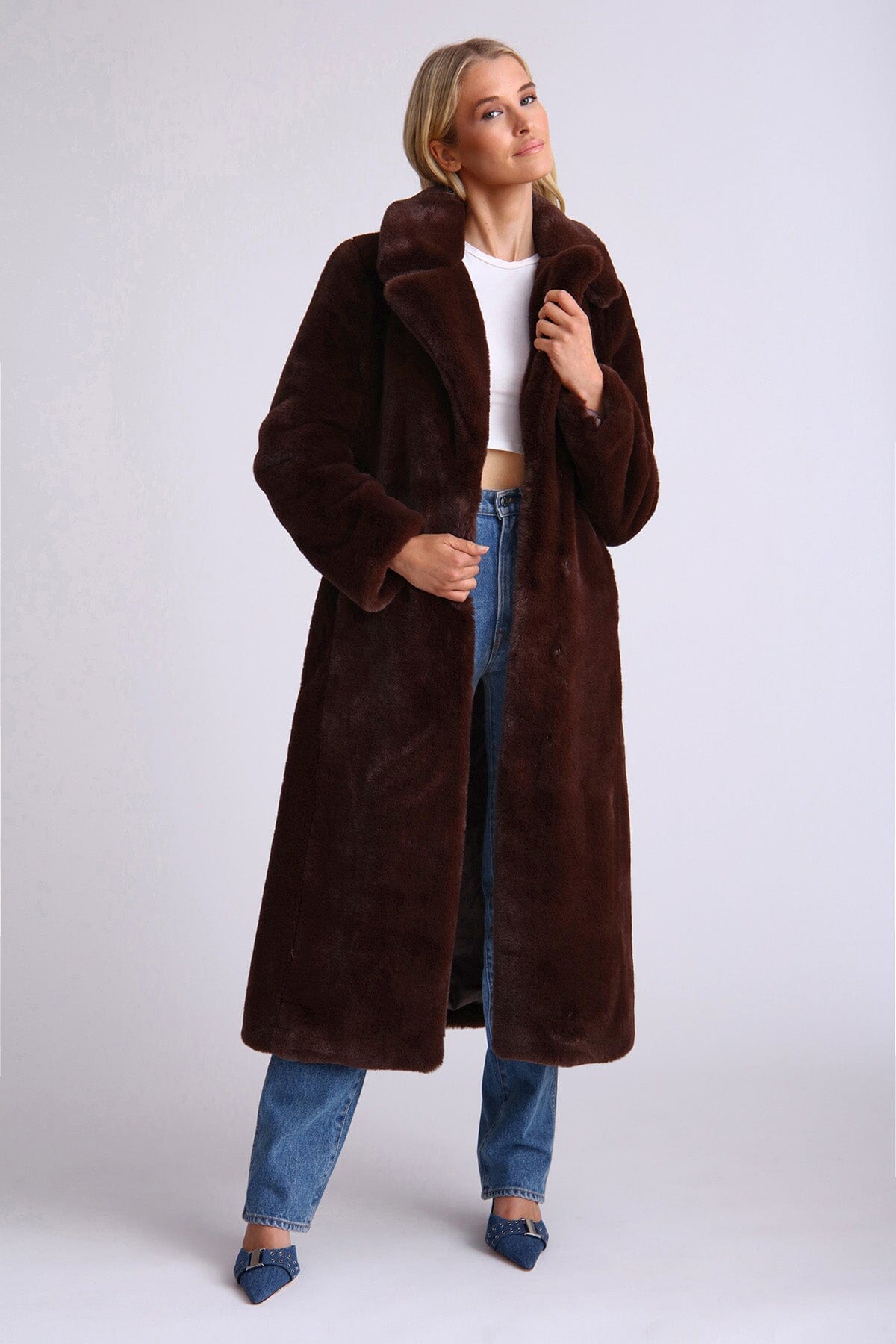 Brown long faux fur maxi coat - figure flattering luxurious coats jackets for women
