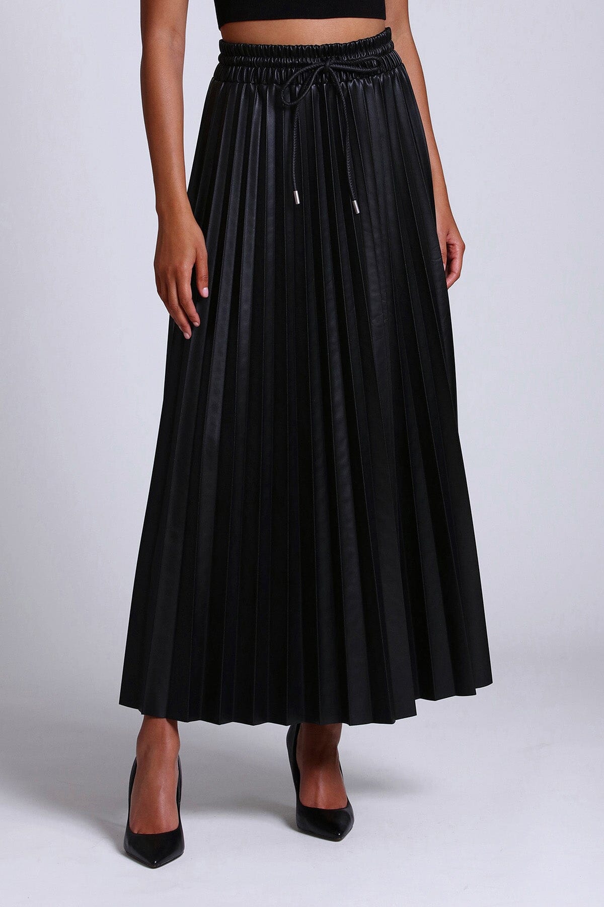 Black faux ever vegan leather pleated maxi skirt - women's figure flattering day to night skirts for fall 2023