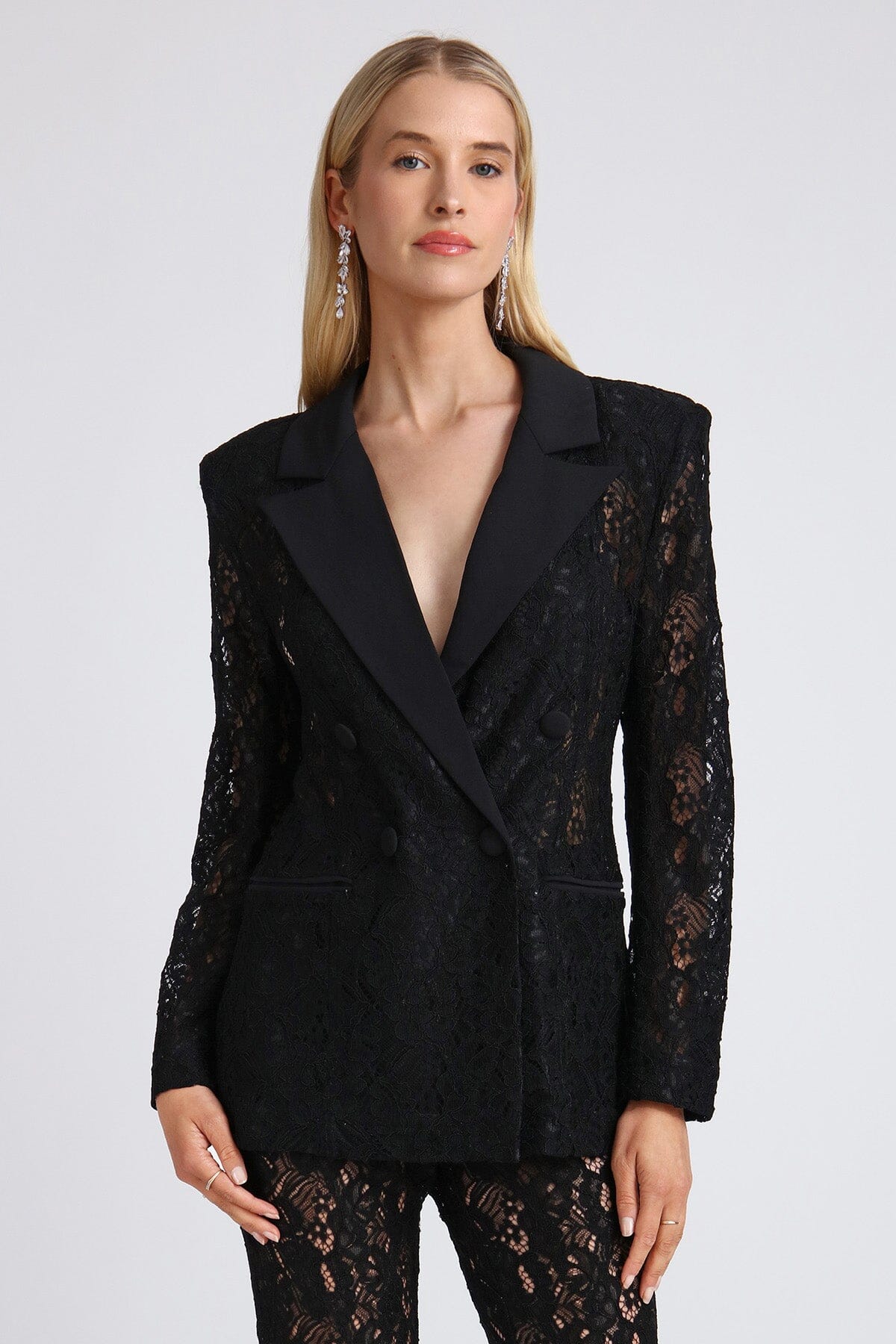 Women's black figure flattering double-breasted lace blazer coat jacket for ladies by Avec Les Filles