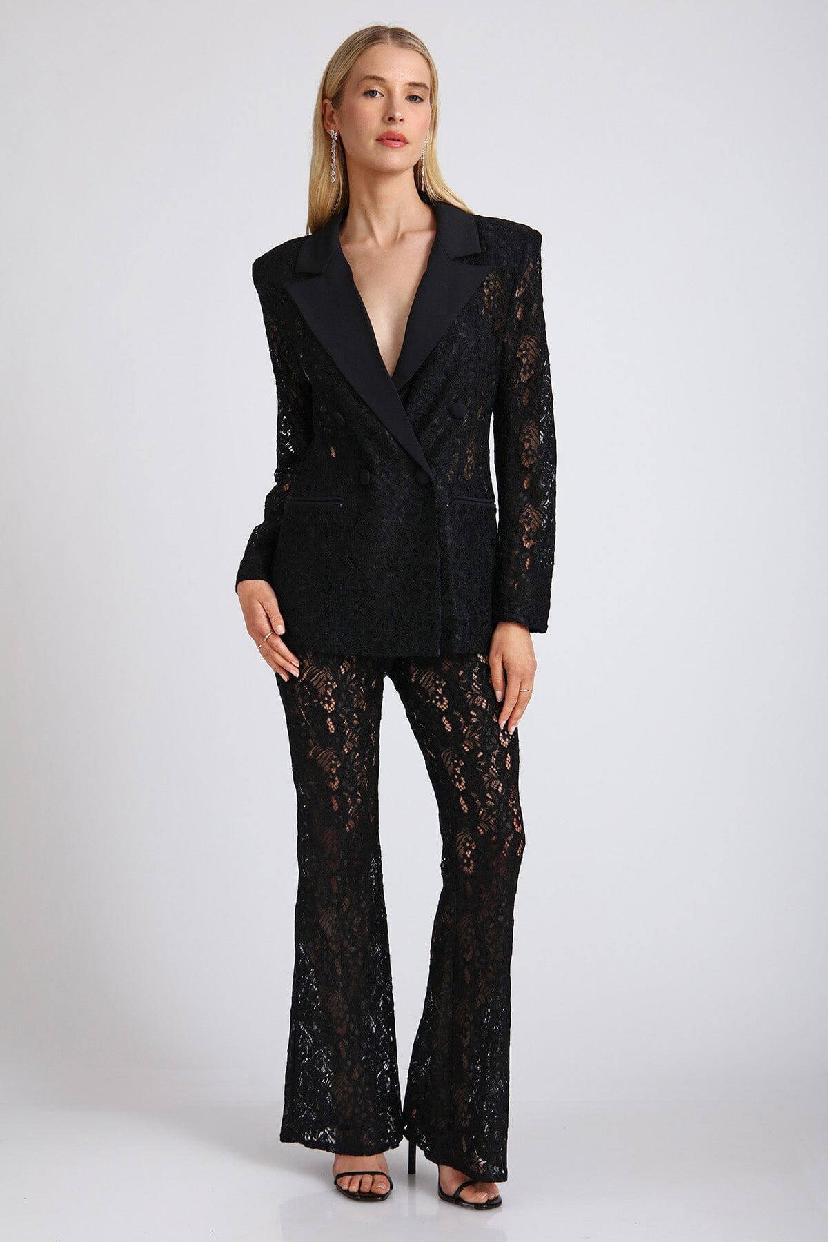 Black double-breasted lace blazer coat jacket - women's figure flattering date night blazers jackets coats for Fall 2023 fashion