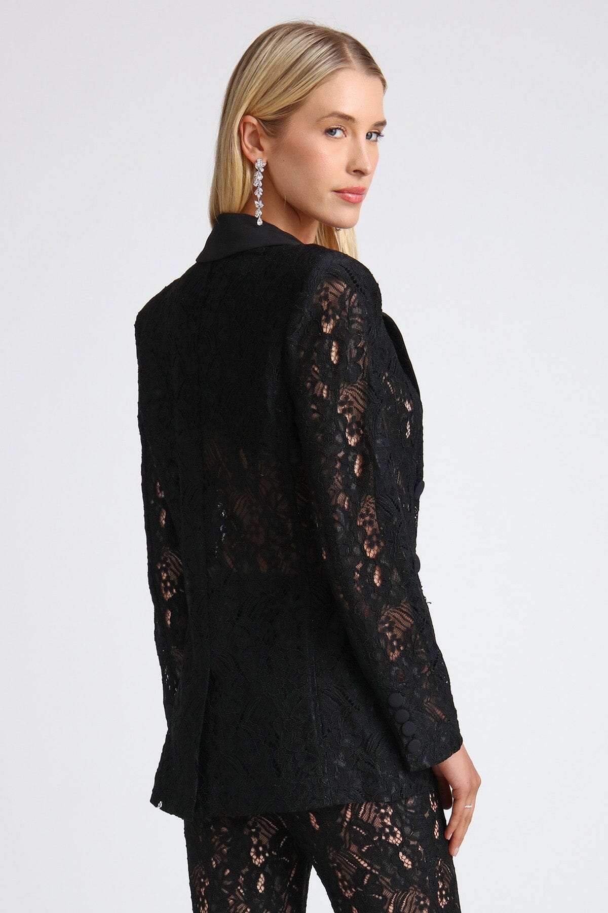 Black double-breasted lace blazer coat jacket - women's figure flattering blazers coats outerwear for holiday fashion trends