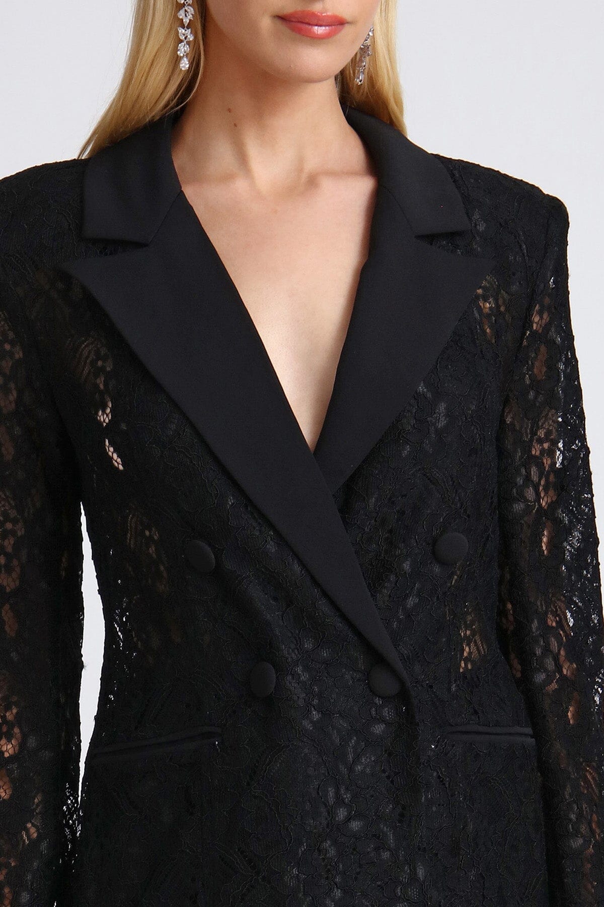 Black double-breasted lace blazer coat jacket - figure flattering holiday blazers outerwear for women by Avec Les Filles