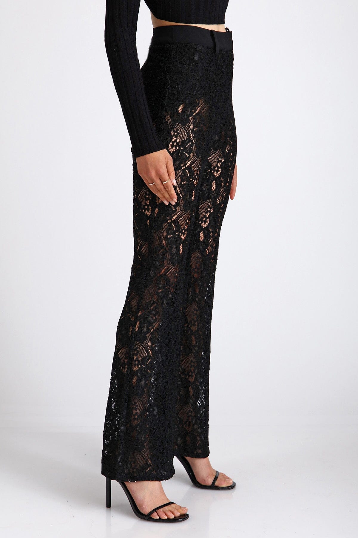 Black sheer lace high waist flare trouser pant bottoms - women's figure flattering fashion pants for Fall 2023 trends