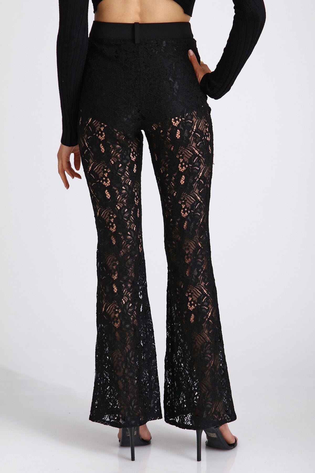 Black sheer lace high waist flare trouser pant bottoms - figure flattering Fall fashion pants for ladies by Avec Les Filles