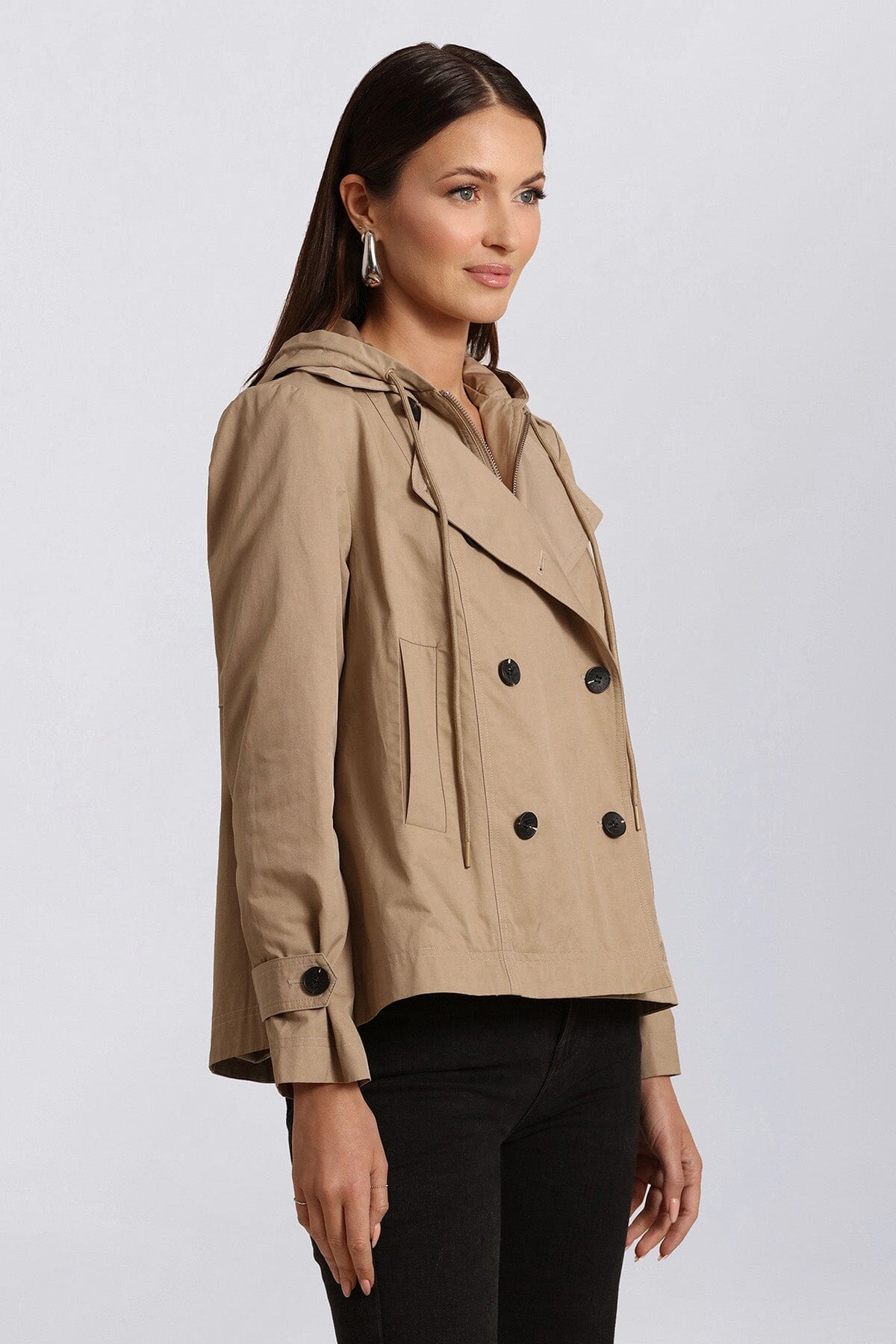 Khaki cotton blend hooded short trench coat - women's figure flattering casual Spring 2024 fashion jackets by Avec Les Filles