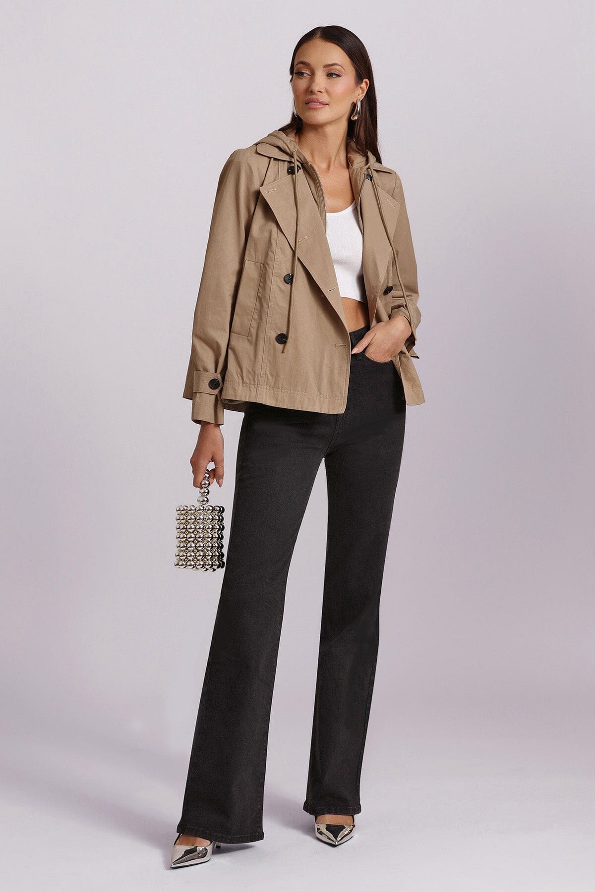 Women's figure flattering khaki beige cotton blend hooded short trench coat jacket for Spring Summer 2024 trends