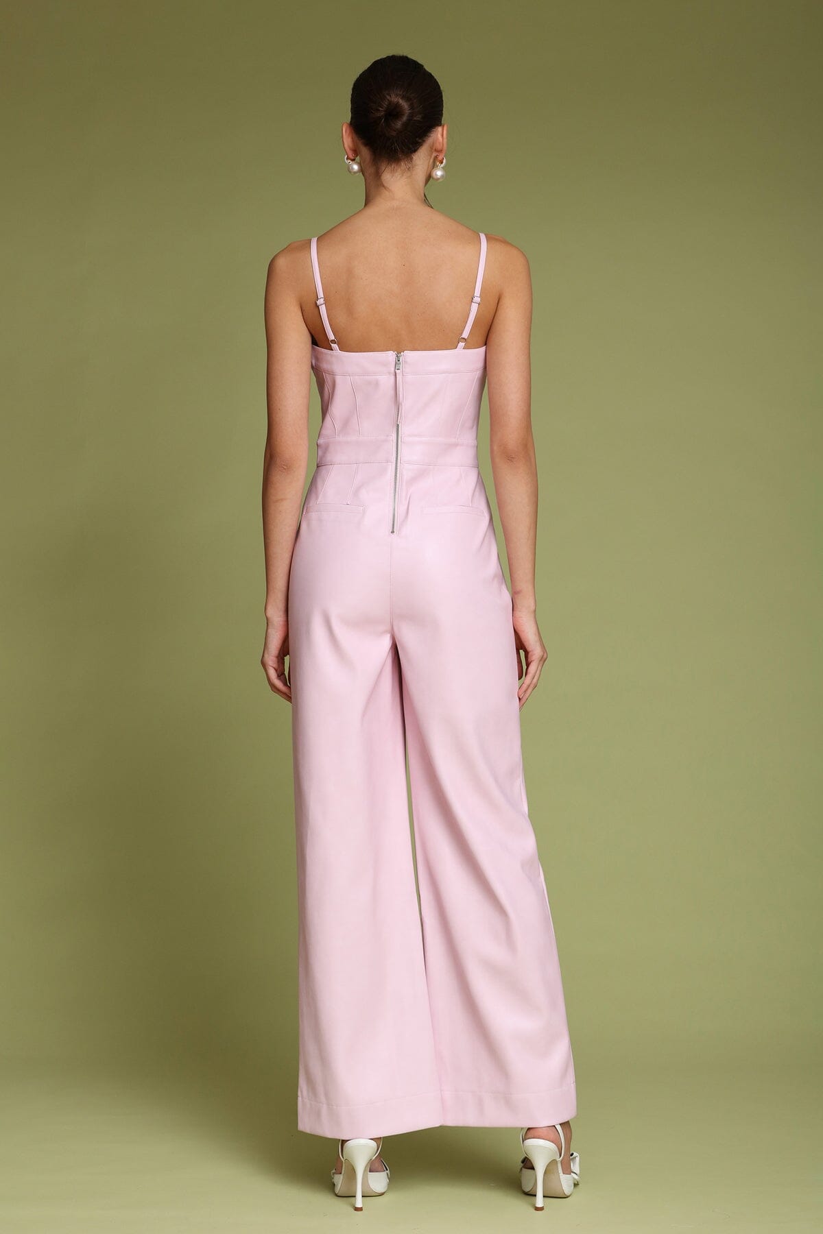 Faux leather wide-leg pink jumpsuit with square neckline and adjustable spaghetti straps - Shop designer women's jumpsuits by Avec Les Filles