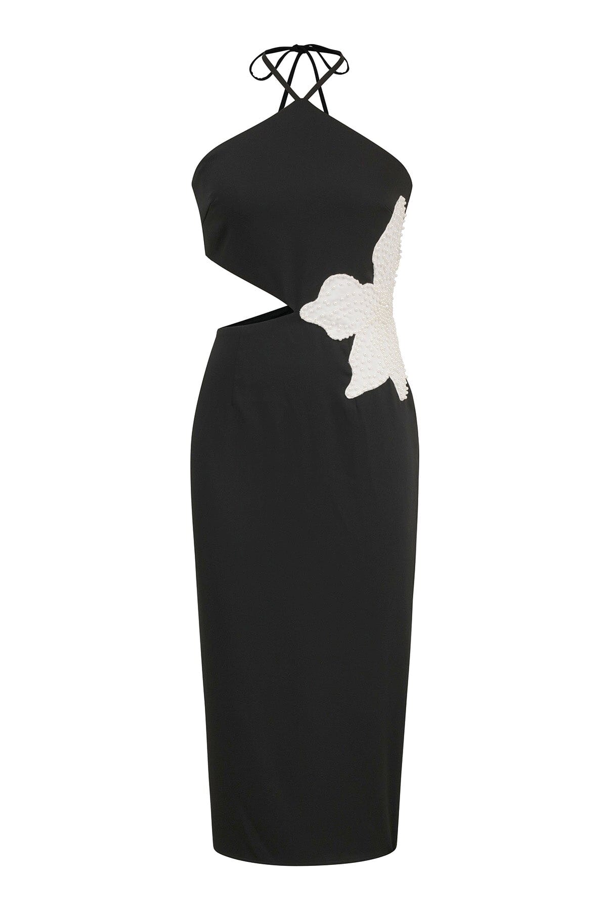 White flower embellished cut-out black halter dress - women's figure flattering classy dresses for 2024 fashion trends by Avec Les Filles