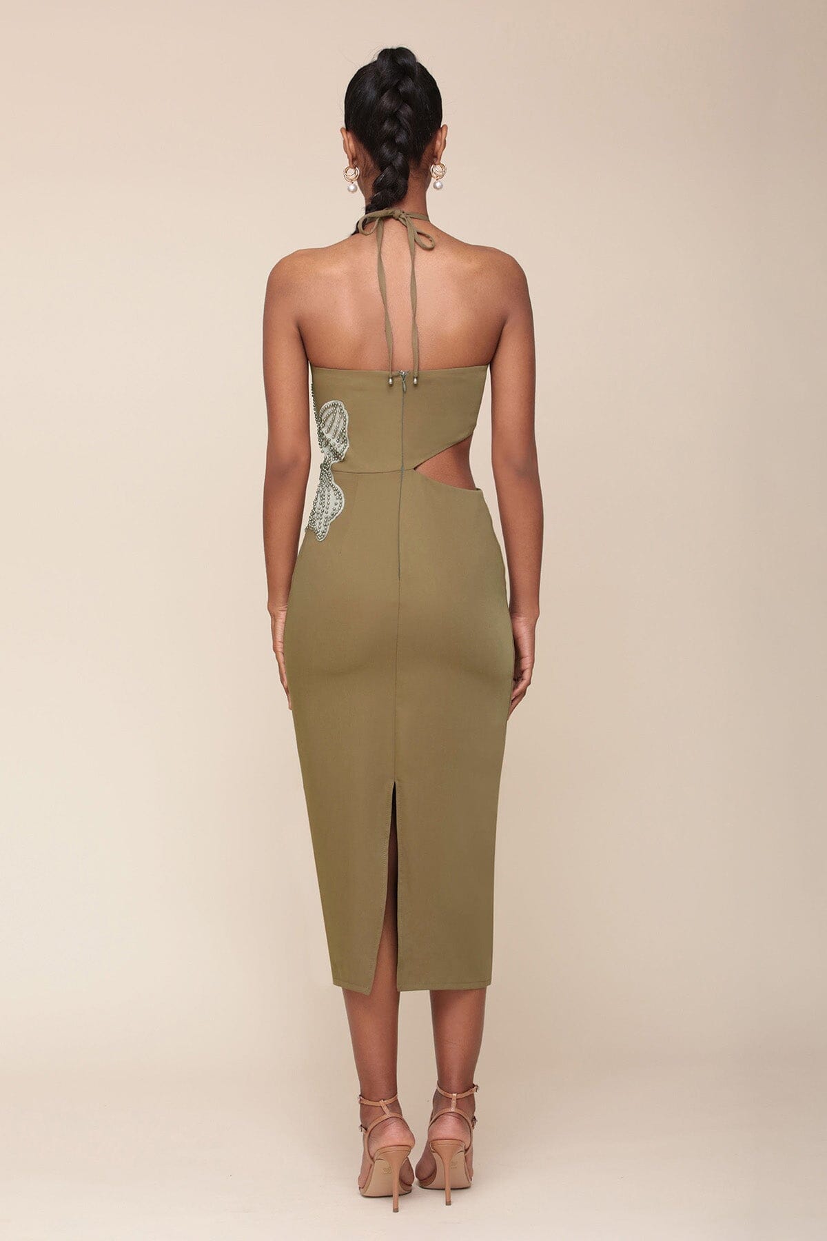 Olive Green Flower Embellished Cut-Out Halter Dress - Cute women's dresses by Avec Les Filles