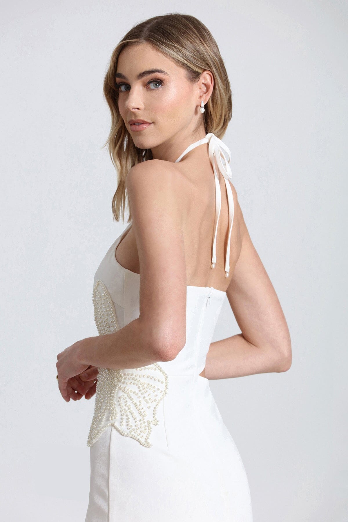 all white flower pearl embellished cut-out halter dress - designer white dresses by Avec Les Filles