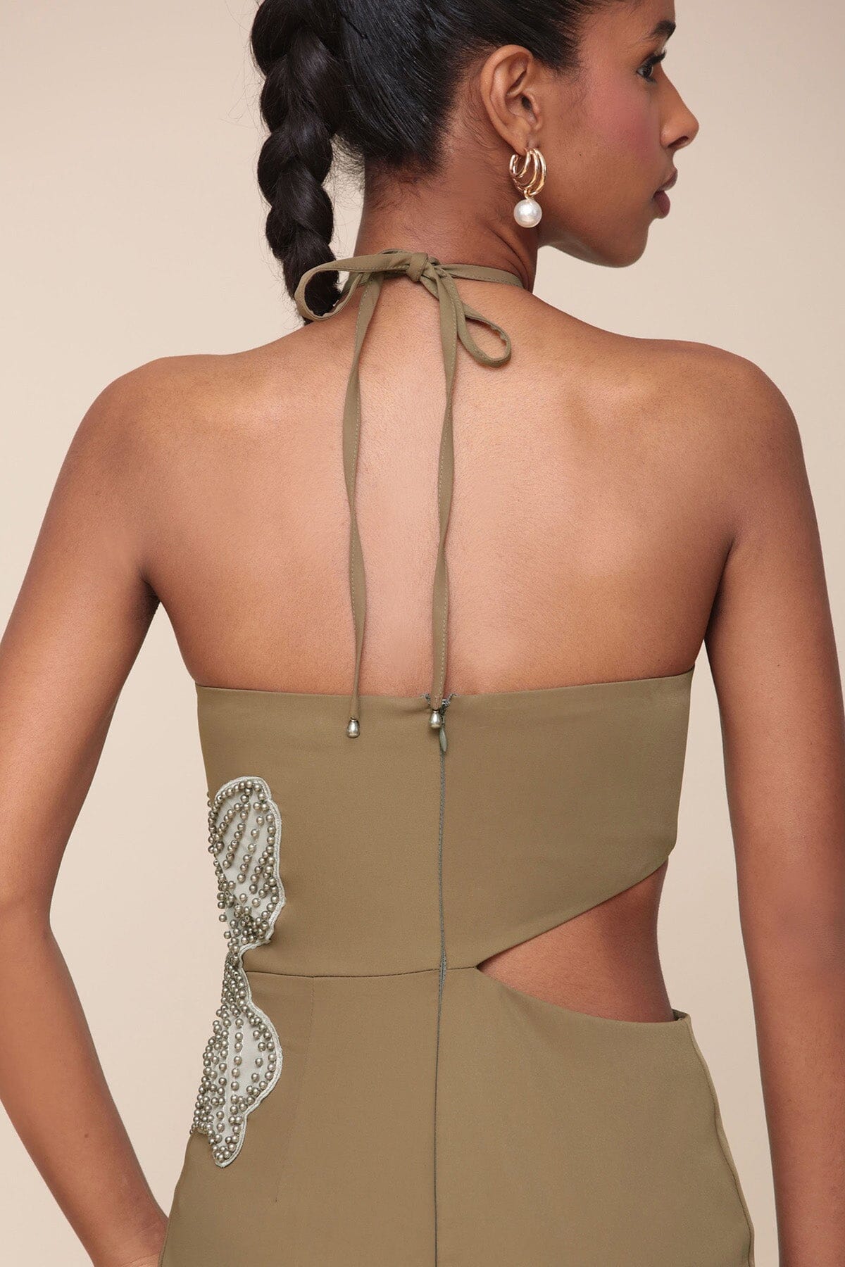 Olive Green Flower Embellished Cut-Out Halter Dress - Cute women's dresses by Avec Les Filles
