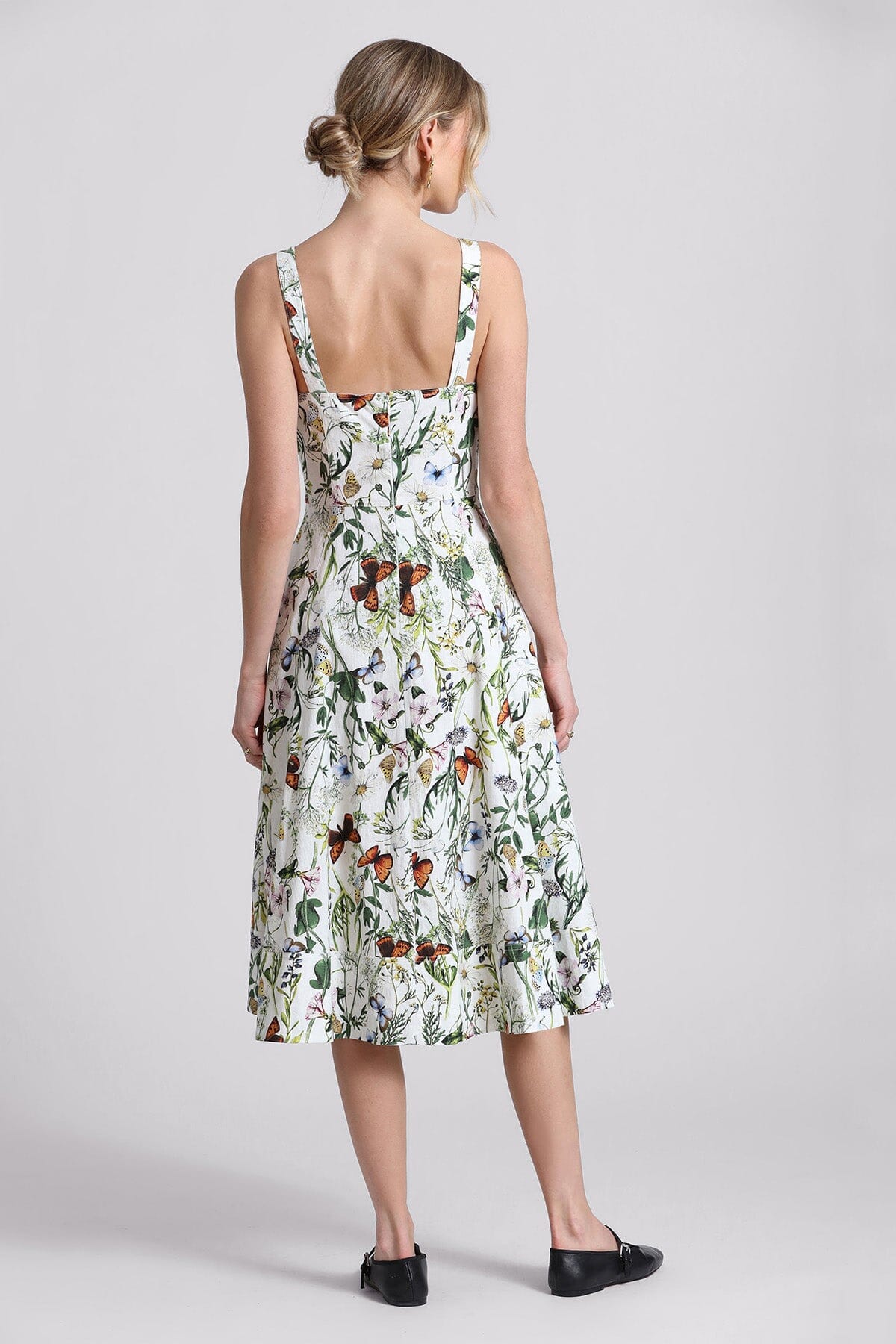 Botanical floral butterfly print cotton fit n flare midi dress - women's figure flattering summer brunch dresses for 2024 trends by Avec Les Filles