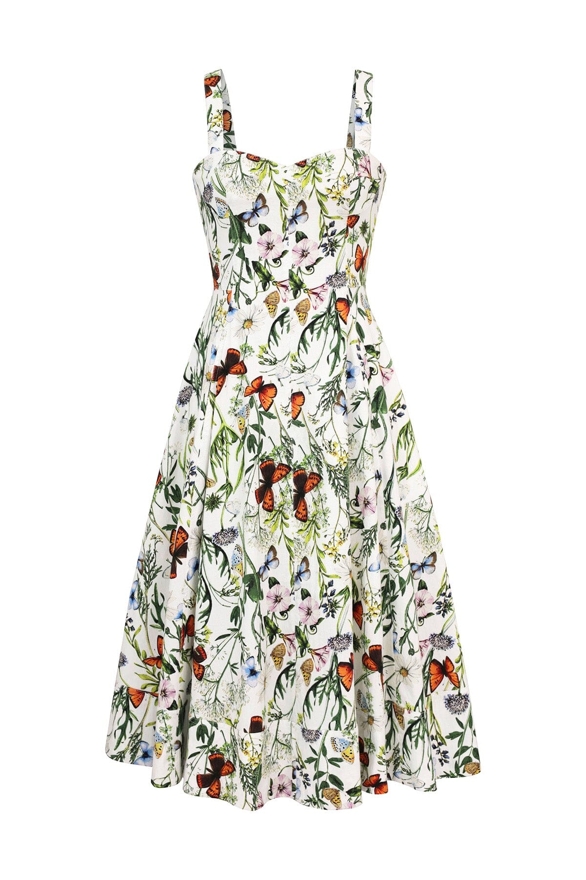 Botanical floral butterfly print cotton fit n flare midi dress - figure flattering designer fashion Spring Summer 2024 dresses for women by Avec Les Filles