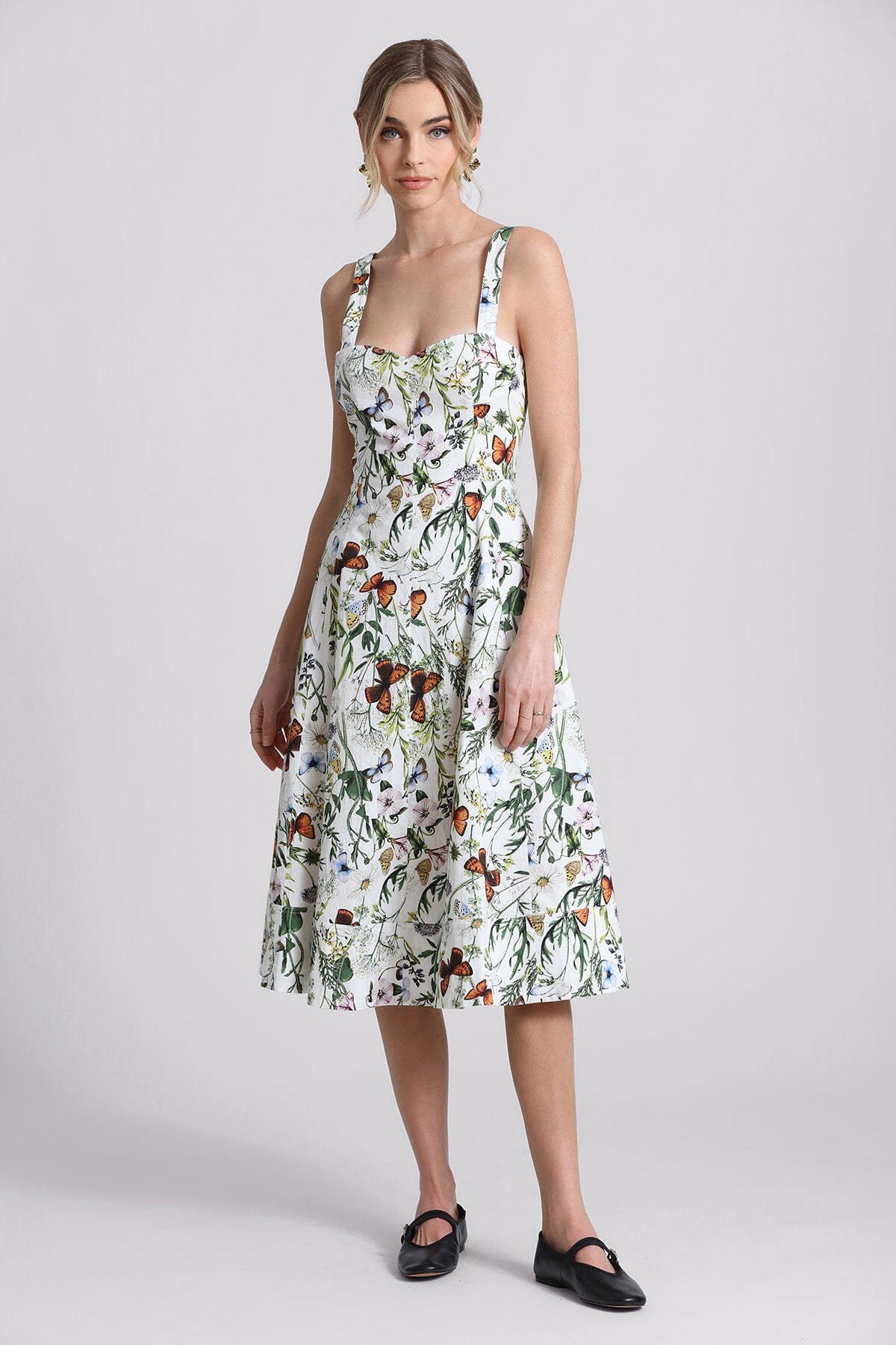 Botanical floral butterfly print cotton fit n flare midi dress - figure flattering designer fashion date night dresses for Summer 2024 trends by Avec Les Filles