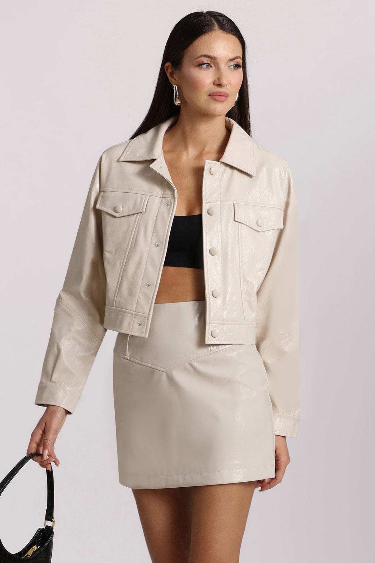 Figure flattering off white glazed faux leather cropped trucker jacket coat for ladies fashion trends by Avec Les Filles