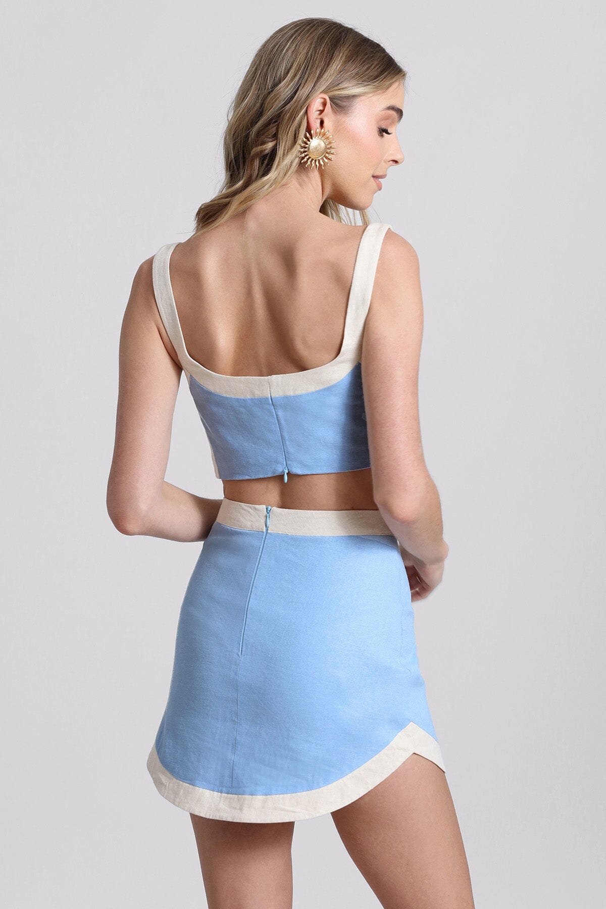 Light Blue & White Colorblock Linen Blend Top & Skirt Set - cute designer fashion clothes Avec Les Filles 