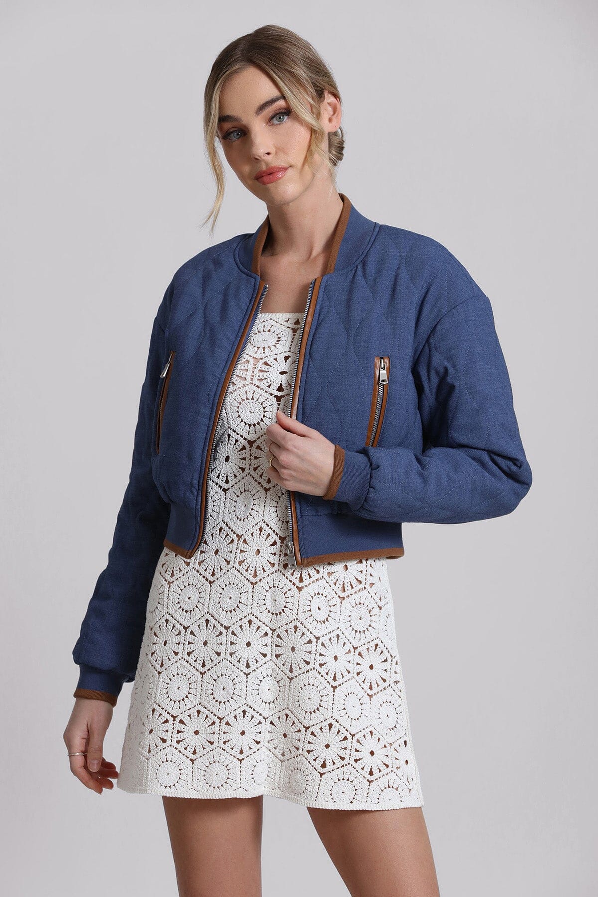 Blue quilted chambray cropped bomber jacket coat for women by Avec Les Filles