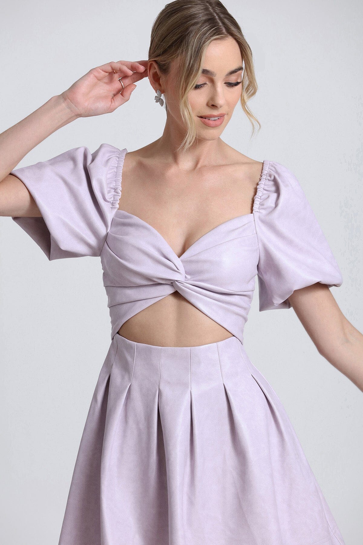 Lilac lavender purple faux leather puff sleeve cut-out babydoll dress - figure flattering cute brunch dresses for ladies by Avec Les Filles for Spring fashion trends