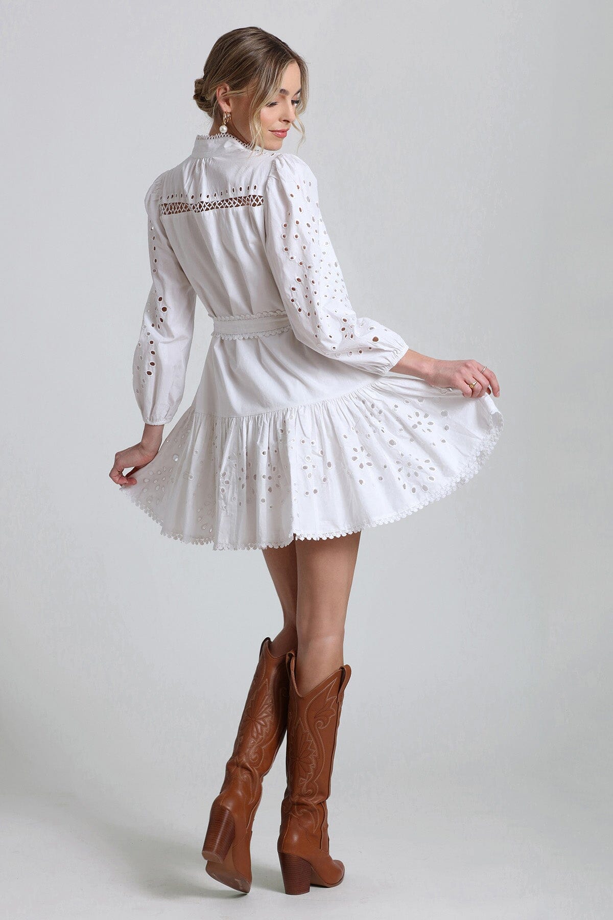 Broderie Anglaise White Cotton Shirtdress Long Sleeve Mini Dress - Designer Fashion Dresses by Avec Les Filles