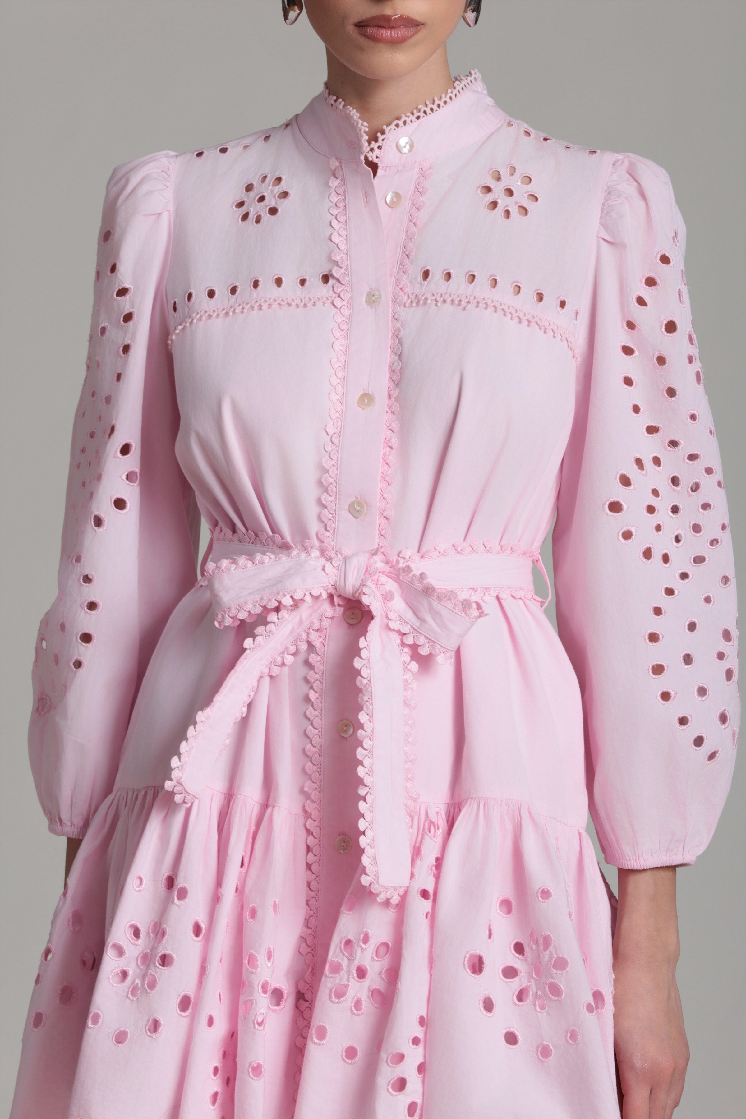 Broderie anglaise button-front pink cotton shirtdress with puff sleeves and detachable belt by Avec Les Filles